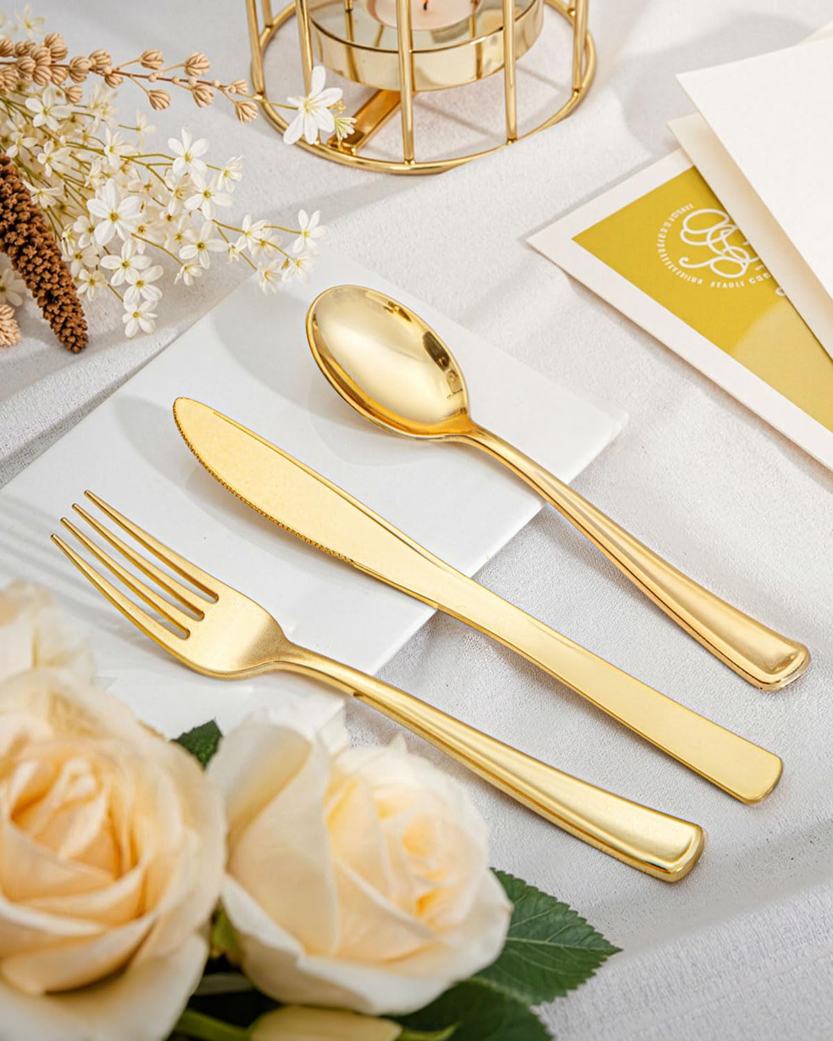 bUCLA 600 Pieces Gold Plastic Silverware - Disposable Gold Utensils - Heavy Duty Plastic Cutlery set- 200 Forks, 200 Spoons, 200 Knives for Party & Wedding