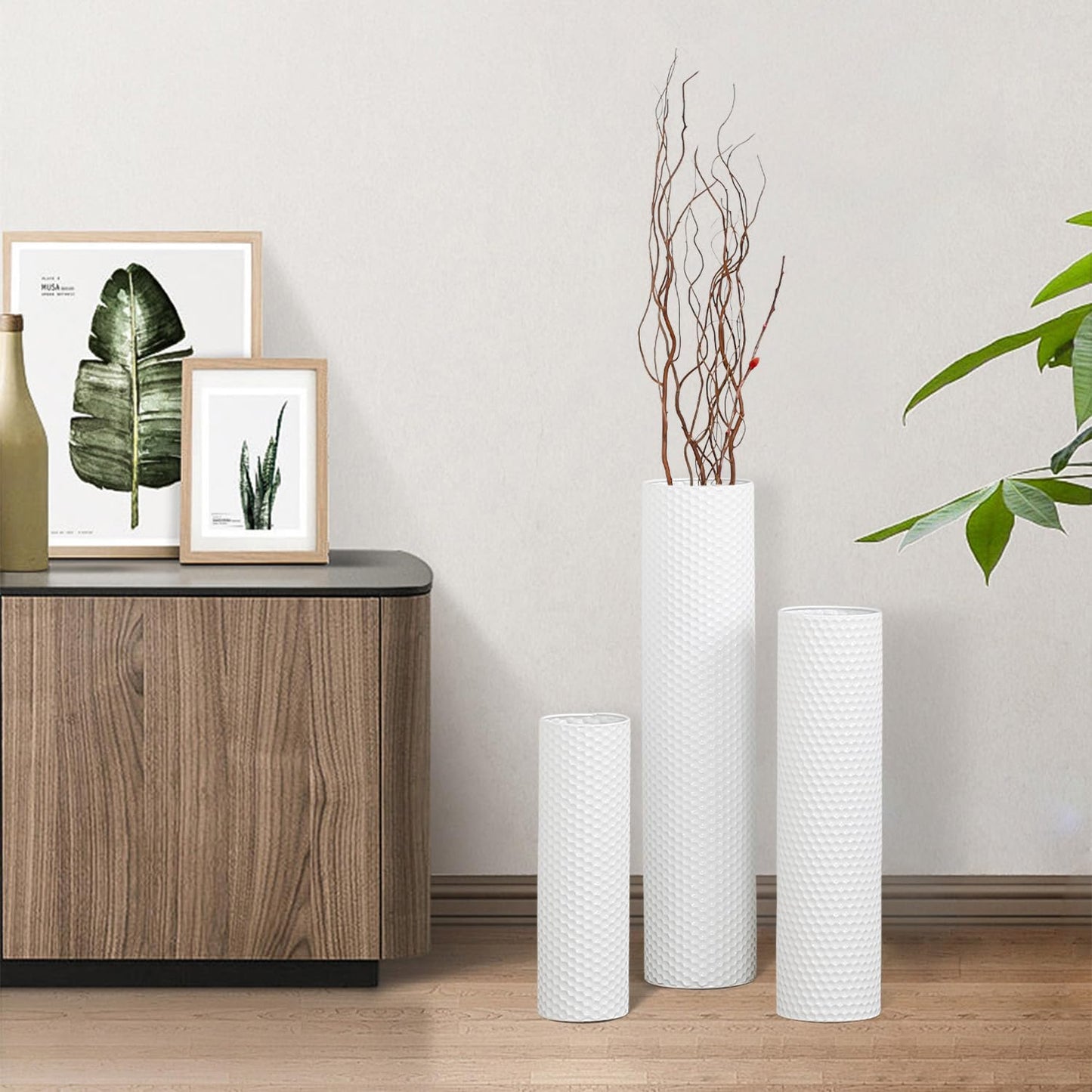 Dnnnii Tall Floor Vases Set of 3 - White Metal Cylinder Vases for Living Room Corner, Modern Honeycomb Texture, Extra Large Standing Decor (Tallest 27.6in, Home Bedroom Dining Decor)