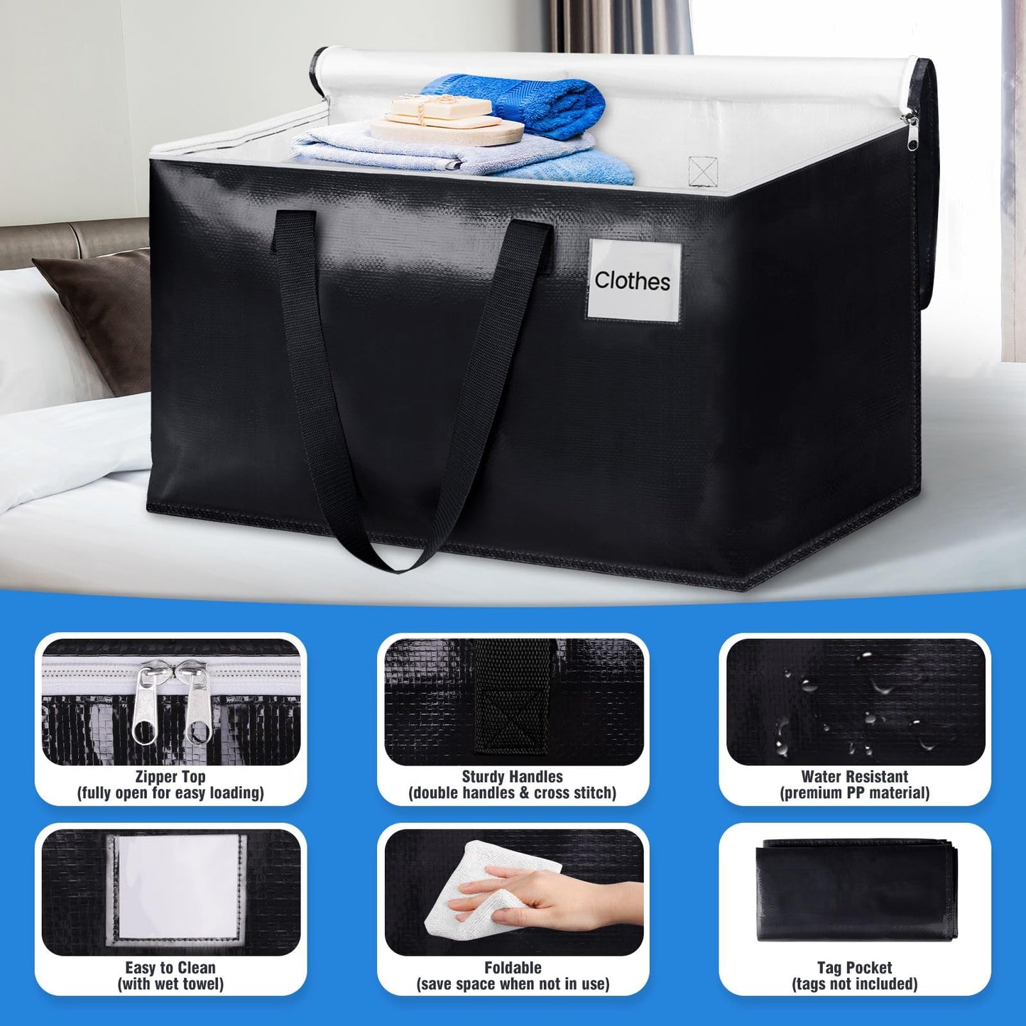 BlissTotes Moving Bags, Heavy Duty Moving Boxes with Zippers Top and Sturdy Handles, Storage Bags for Space Saving and Packing, Collapsible Moving Supplies, Storage Totes (93L, 8-Pack, Black)