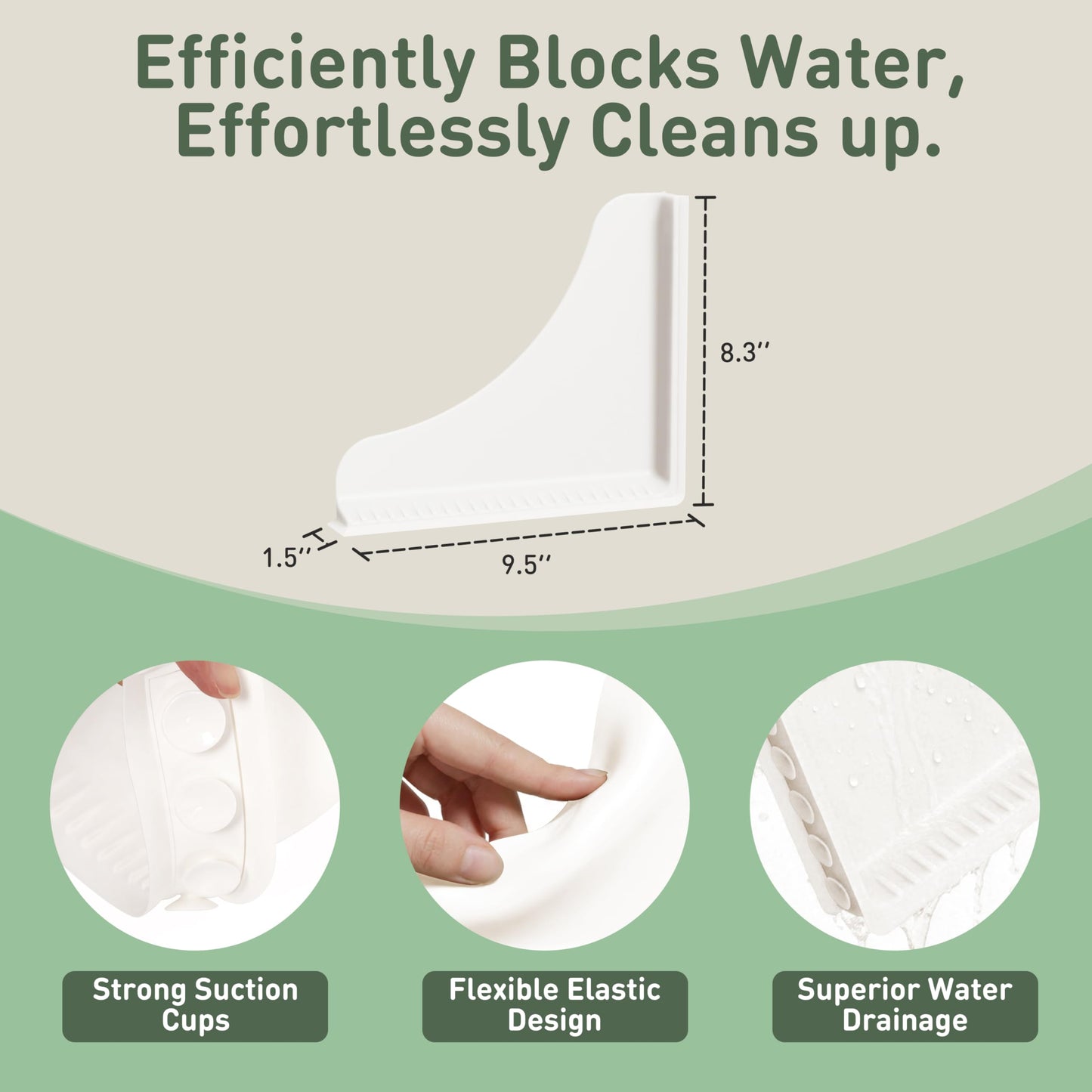 Roslim Shower Corner Splash Guard 2 Pack, No-Adhesive Silicone Water Splash Guard with Suction Cups for Bathtub & Walk-in Shower, Reusable Corner Water Blocker Keeps Water Off Floor, White