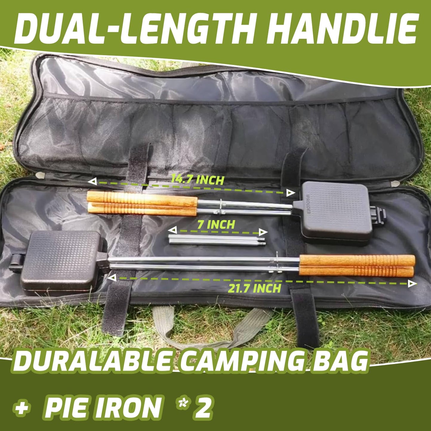 IPROUDER Campfire Pie Iron 4.9" Large Cast Iron Sandwich Maker for Camping 2 Pcs with Storage Bag - 21.7 inch Adjustable Handles - Campfire Cooking Equipment for Grilling & Outdoor Cooking