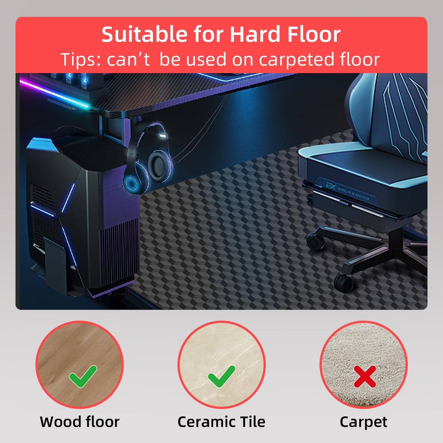 AiBOB Gaming Chair Mat for Hardwood Floors - 53"x45" Office Chair Mat for Hard and Tile Floor | Anti-Slip Protector Mat | Computer Desk Floor Mat for Rolling Chairs, Not for Carpet