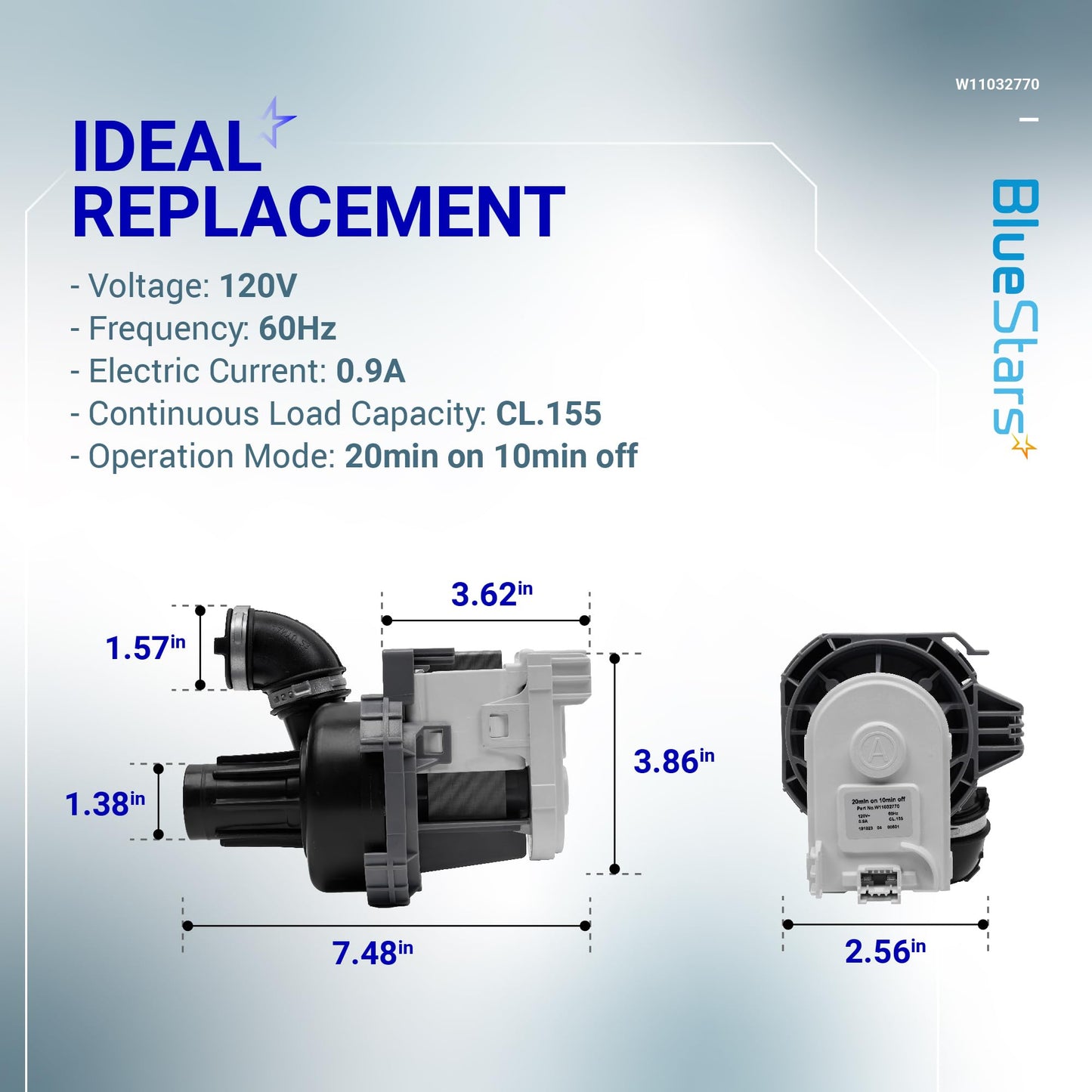BlueStars W11032770 Dishwasher Circulation Pump Motor Assembly - Compatible with Whirlpool Kenmore KitchenAid Dishwashers - Replace WPW10529163 W10529163 W10885542 W10864037 W10816492