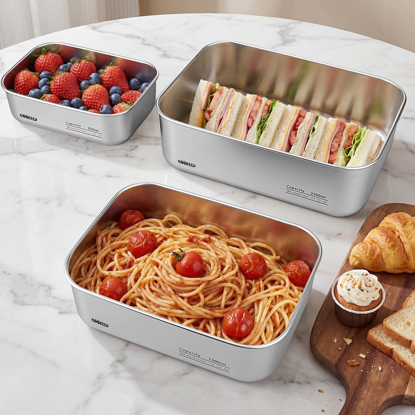 3Pcs Stainless Steel Food Containers,Stainless Steel Containers with Lids,Snack Containers,Lunch Box,Easy Clean,Airtight&Leakproof for Kitchen Storage,Dishwasher Safe,BPA-Free (22oz+44oz+77oz)