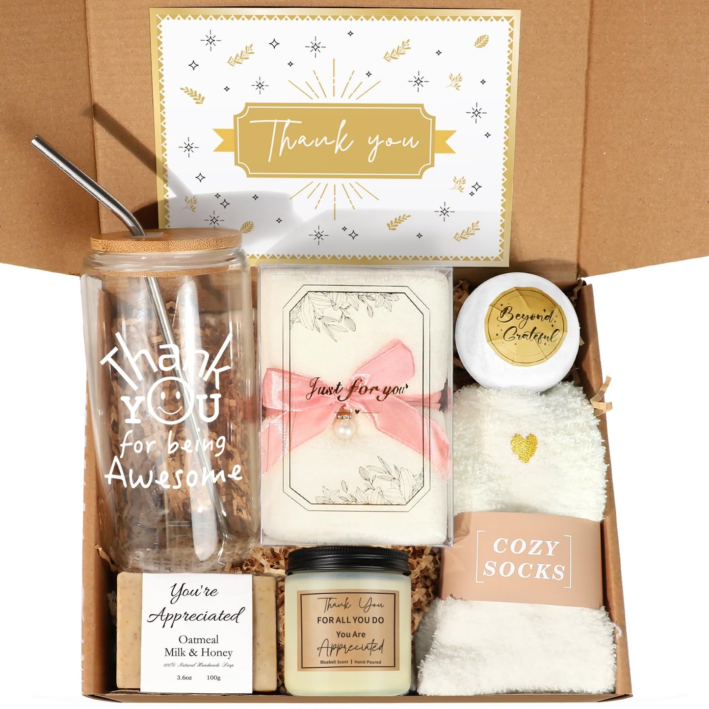 iAOVUEBY Thank You Gifts for Women, Employee Appreciation Gifts Baskets for Women Coworkers Nurse Teacher Secretary Mentor Leader Friend, Thank You Gift Box with 16oz Being Awesome Glass