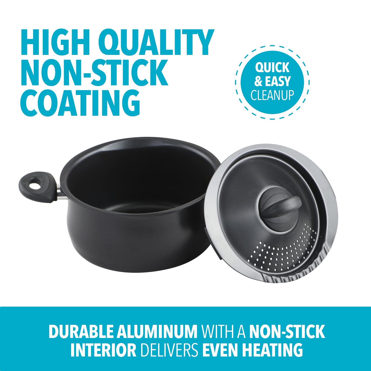 Bialetti 5.5-Quart Nonstick Aluminum Pasta Pot with Strainer Lid and Handles, PFOA-Free Nonstick Oval Cooking Pot and Lid, Black
