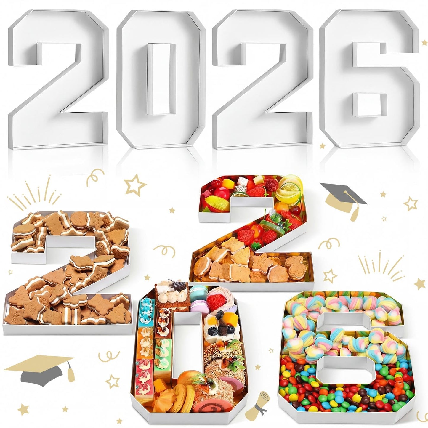 Mooliwe 4 Pcs 2026 Graduation Fillable Numbers for Charcuterie Class of 2026 Cardboard Number Grad Charcuterie Board Serving Trays Graduation Food Box for Tray Party Supplies(White)
