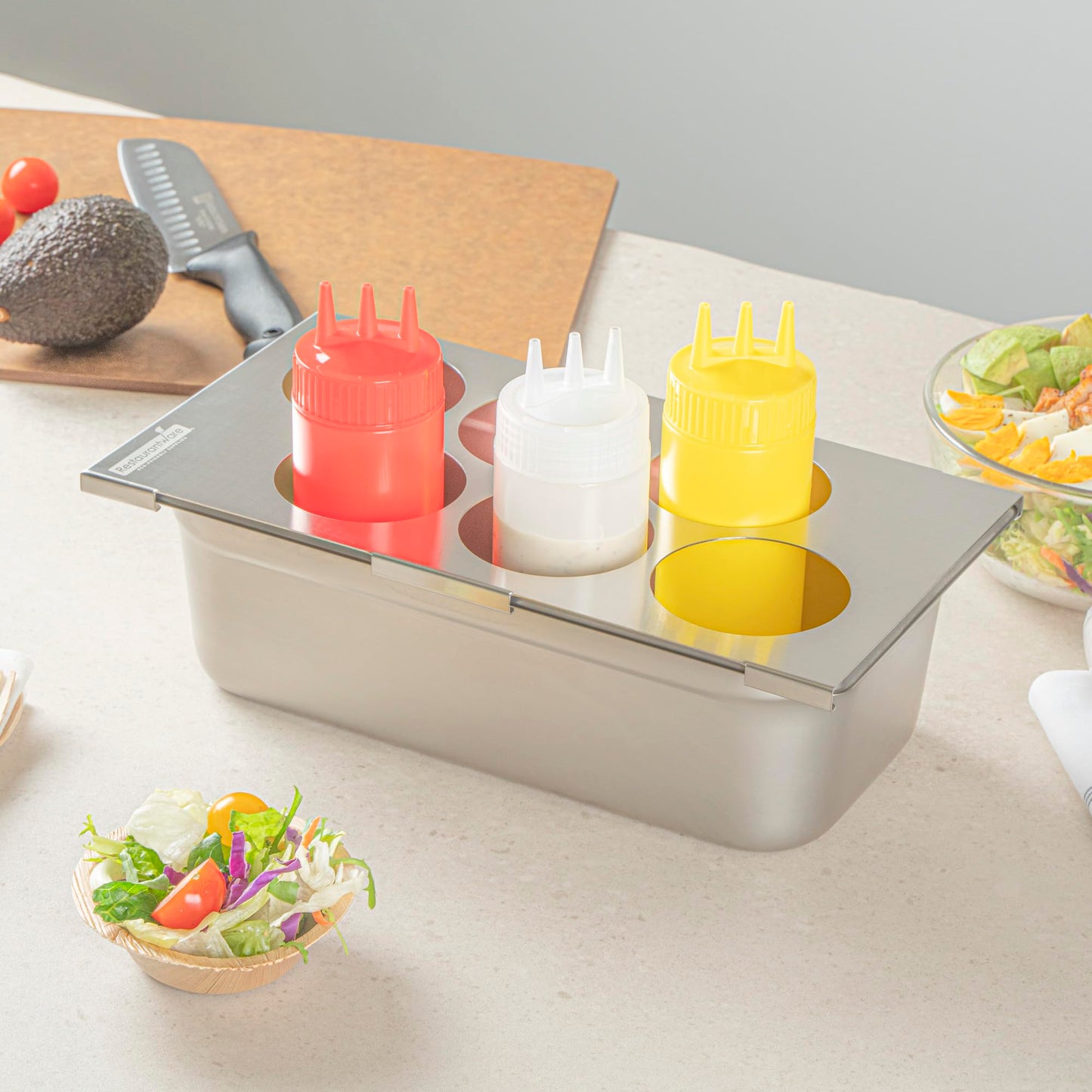Restaurantware Six Hole Condiment Organizer - 12.795 x 7.087 Inch Stainless Steel Squeeze Bottle Holder With Compact Design For Kitchen Prep Stations - Silver Durable Sauce Rack