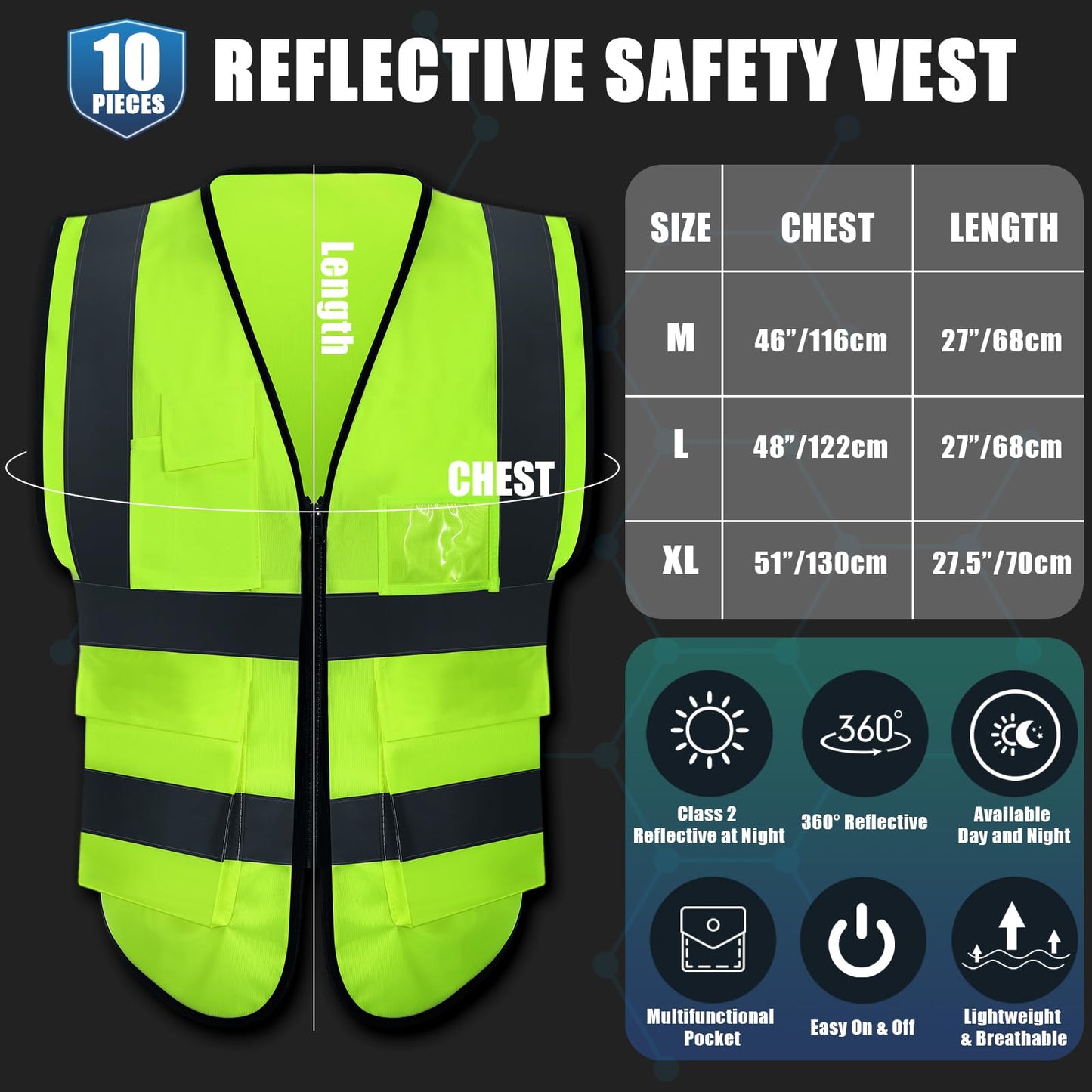 10 Pcs Reflective Safety Vest with Pockets and Zipper High Visibility Vest for Women Men Work, Construction, Cycling(L)