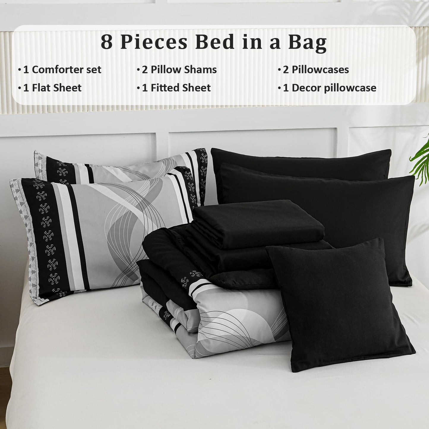 Anibedding Black Comforter Set King Size,8 Pieces Boho Bed in a Bag Patchwork Striped Comforter Set, Soft Microfiber Bedding Set for All Season(104"×90")