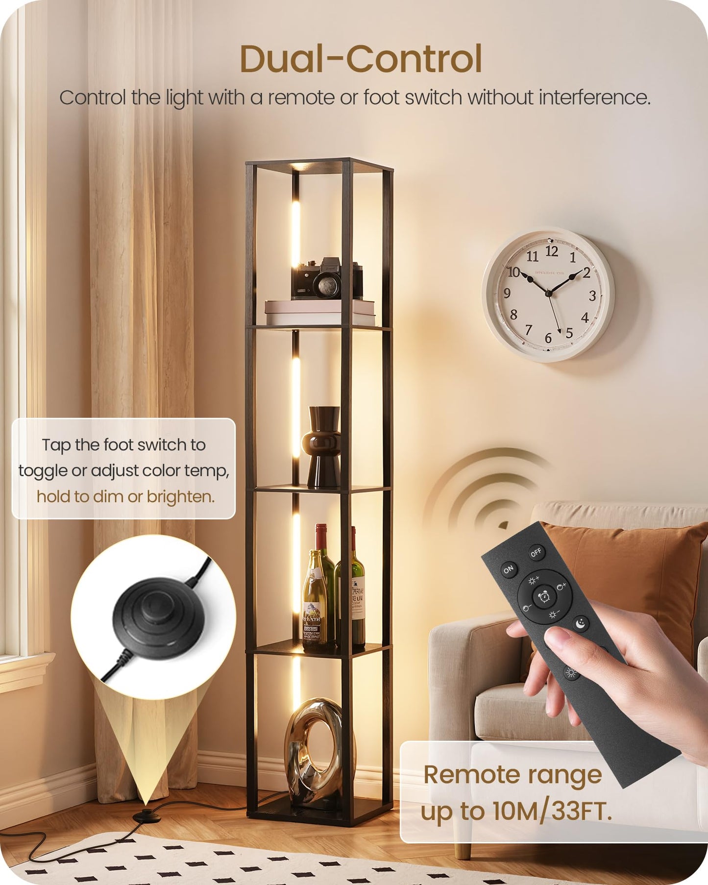 64.2" Display Shelf with Light, Modern Corner Floor Lamp with Shelves, 3000K-6000K LED Dimmable Standing Lamp with Remote for Living Room, Bedroom, Office, Adjustable CCT, Black Square B51LD05