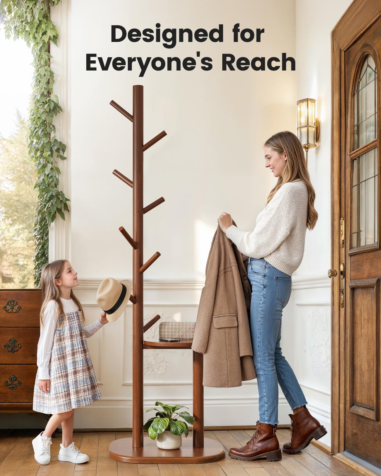 Pipishell Coat Rack, Freestanding Hall Tree with 8 Hooks & Storage Shelf, Solid Wood Base, 66.3″ Tall Coat Rack Stand for Coats, Hats, Bag in Entryway, Bedroom, Living Room, Brown, PIFCR11BN