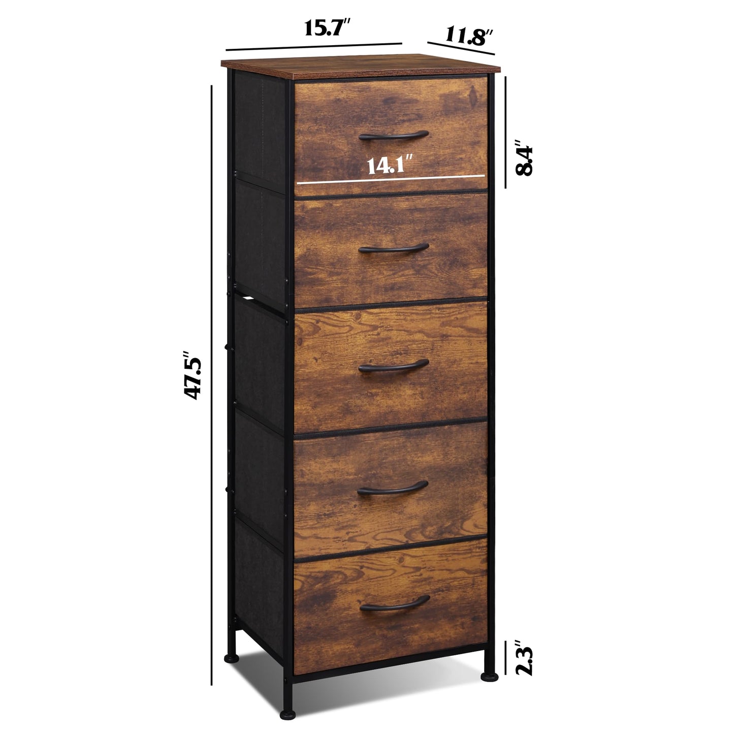 WLIVE Fabric Dresser for Bedroom, 5-Drawer Tall Dressers, Storage Organizer with Fabric Bins, Wood Top, Sturdy Steel Frame, Chest of Drawers for Closet, Hallway, Rustic Brown Wood Grain Print