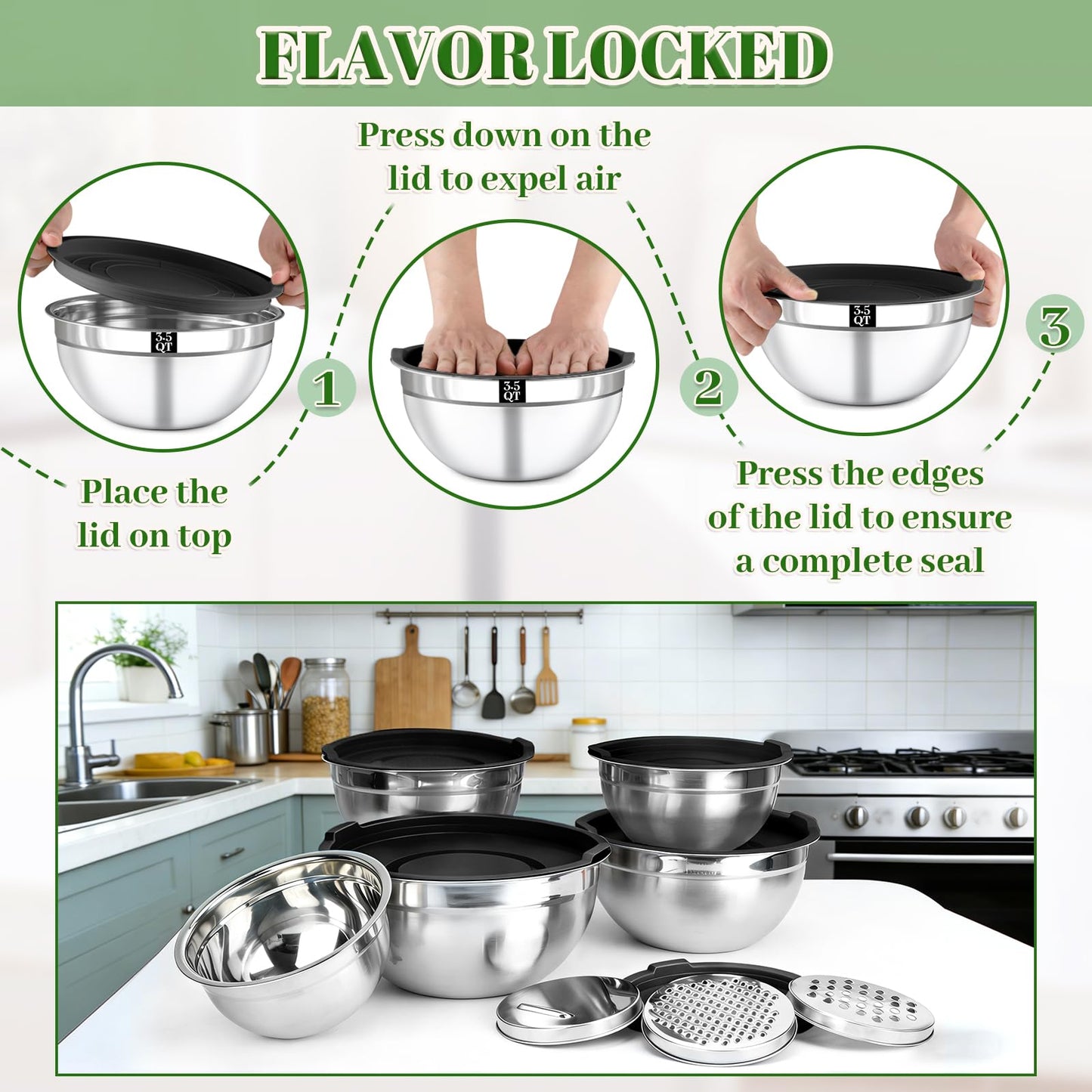 Boskermeal 8PCS Mixing Bowls with Lids Set - 5 Nesting Mixing Bowls, 3 Grater Attachments, Lids, Stainless Steel Mixing Bowls for Mixing & Serving, Size 1.5/2.1/3.5/4/4.5 QT, Black