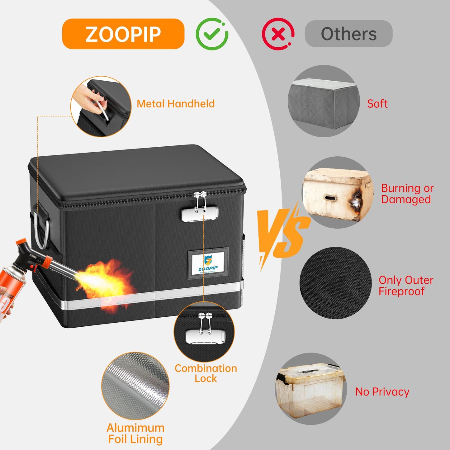 ZOOPIP Fireproof Document Box,5200°F File Organizer Box with Lock,Foldable Filing Organizer Cabinet, Portable Safe Storage for Hanging Letter/Legal Folder,Black