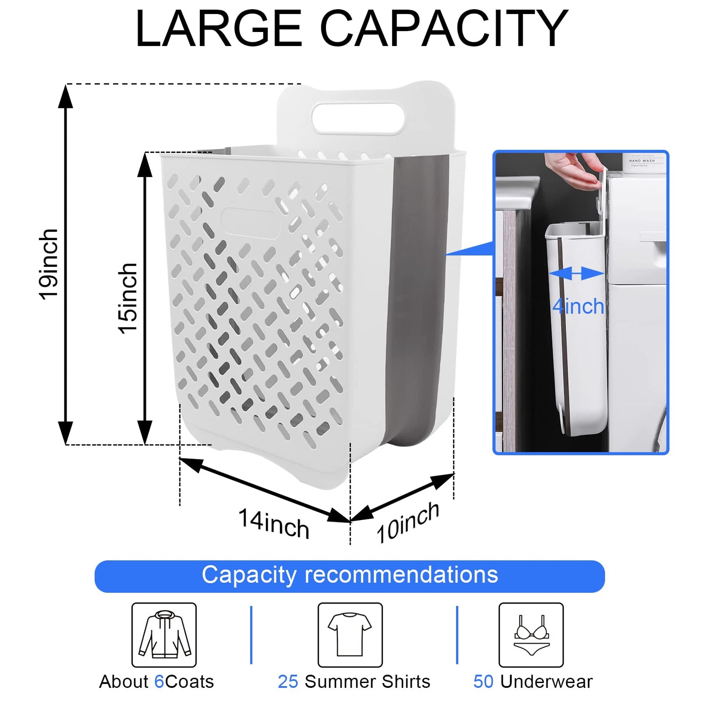 Laundry Basket Hamper,Hanging Wall Collapsible Laundry with Handle,Space-Saving Foldable Storage Dirty Washer Organizer Bin Multi-function Container Waterproof Durable,Set of 2(XL&M)