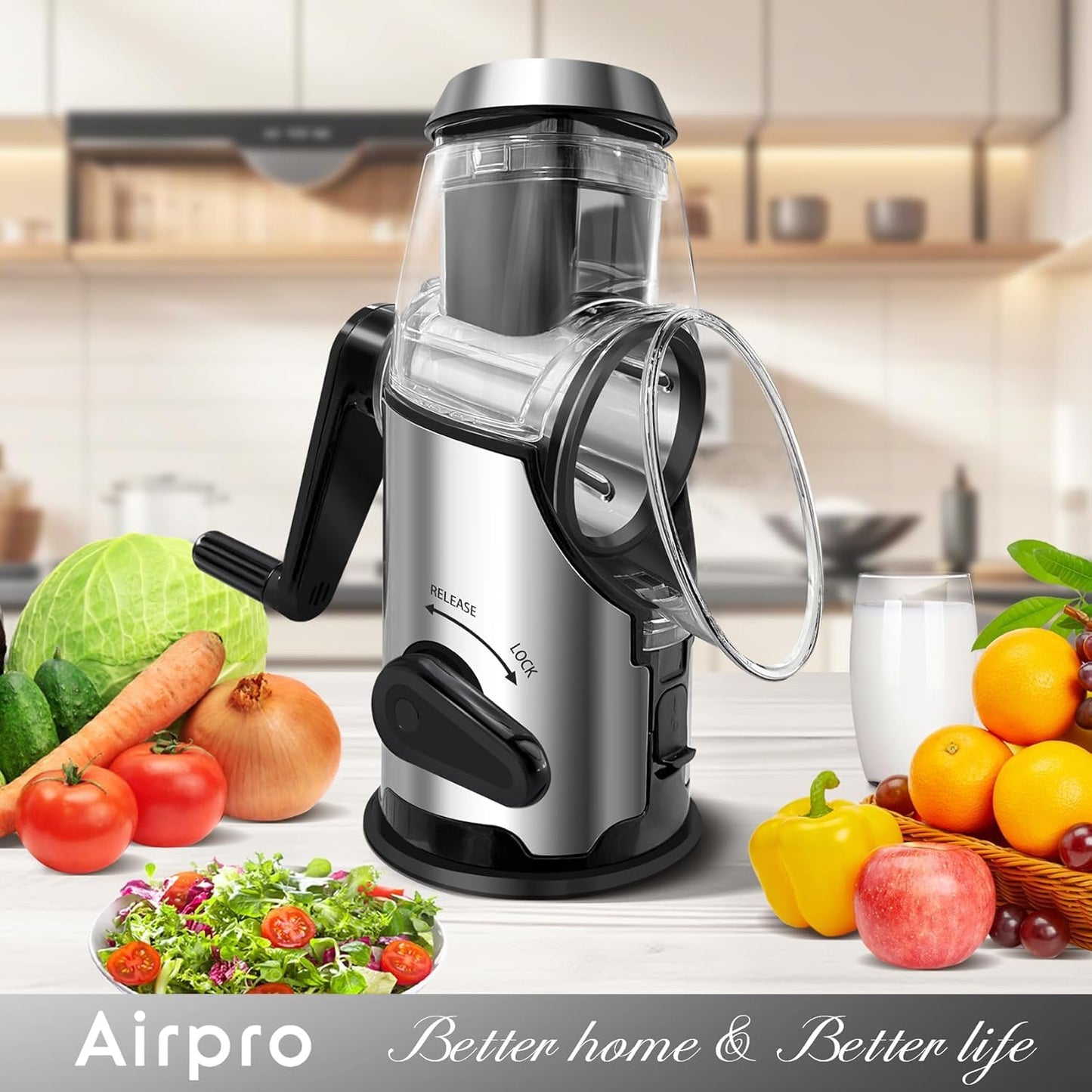 Airpro Rotary Cheese Grater with Handle - Vegetable Shredder with 3 Stainless Steel Blades & Strong Suction Base,Round Mandoline Slicer & Food Chopper for Kitchen
