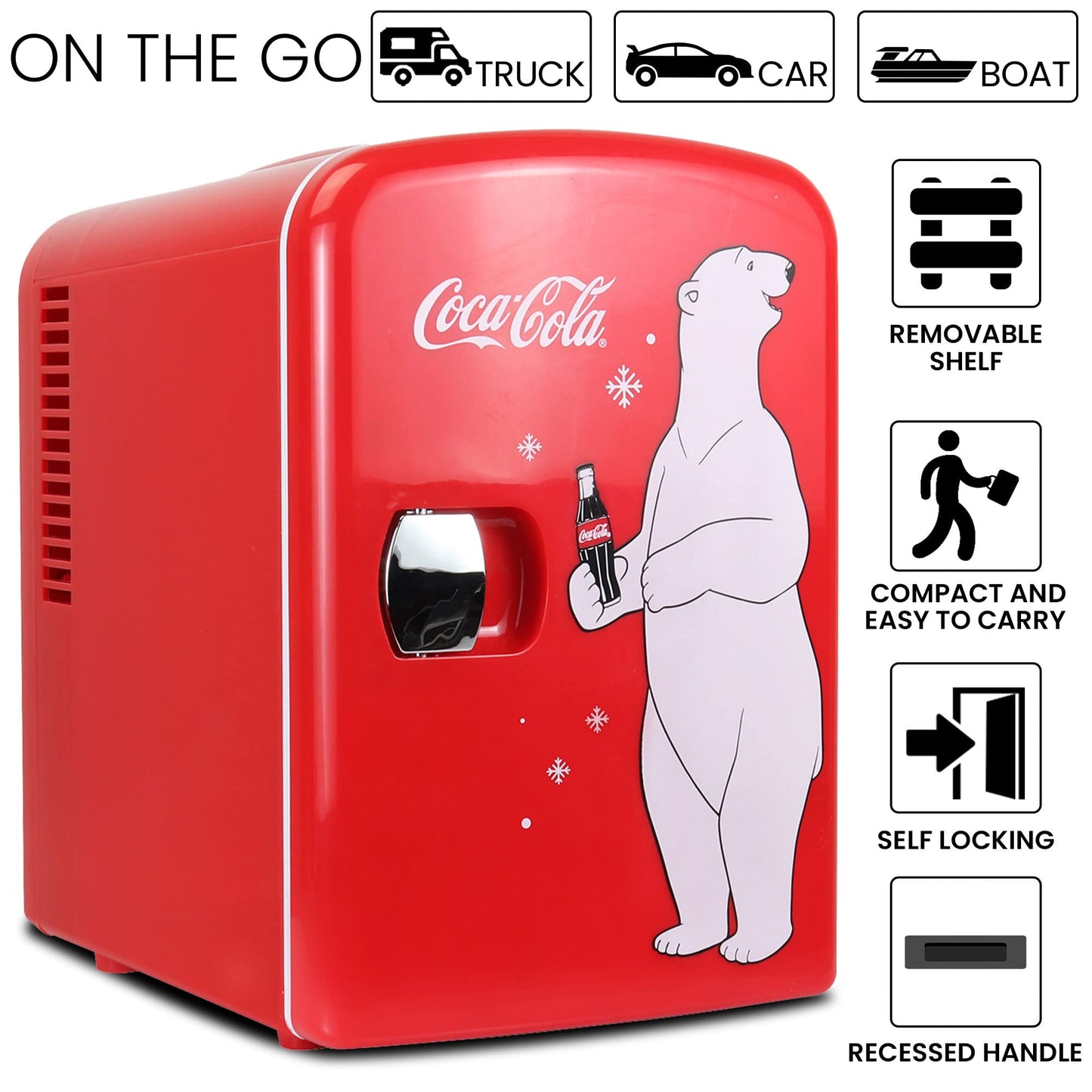 Coca-Cola 12V Portable 4L Cooler/Warmer, AC/DC Powered, Power Cords Included, Compact Travel Speaker and Personal Mini-Fridge, Unique Gift for Music-Lovers