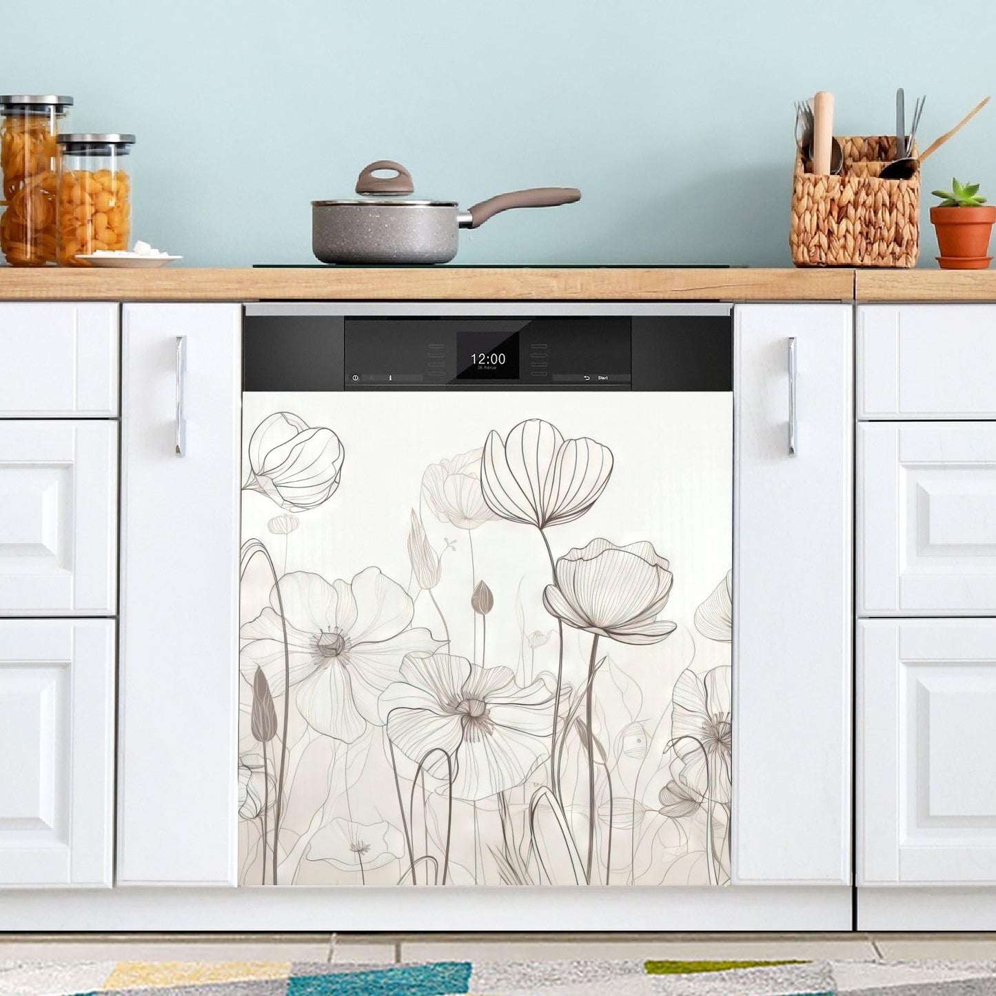 Vnurnrn Dishwasher Magnet Cover Line Drawn Flowers Print, Dish Washer Cover for Kitchen Decor, Easily Trimmable Dishwasher Sticker Refrigerator Magnetic Cover 23×26 in