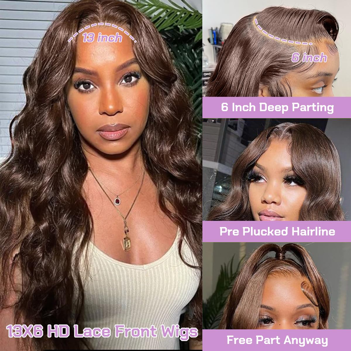 13x6 Chocolate Brown Lace Front Wig Human Hair 200% Density Body Wave Wigs HD Transparent Front Wigs Human Hair Pre Plucked with Baby Hair Brown Colored Wigs for Women Human Hair Wigs 26 Inch