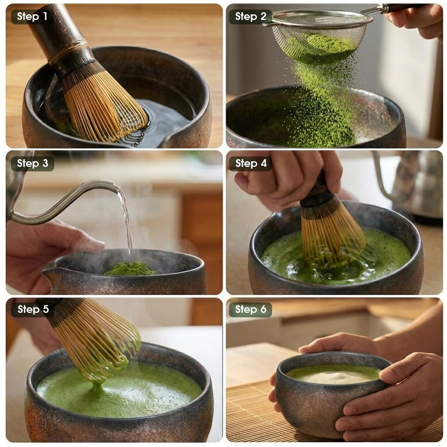 GleeNflux Matcha Whisk Set 7-Piece with Handmade Matcha Bowl & 100-Prong Purple Bamboo Whisk (Chasen), Complete Matcha Kit with Holder, Scoop & Rest, Bamboo Tea Mat, Gift-Ready Matcha Set