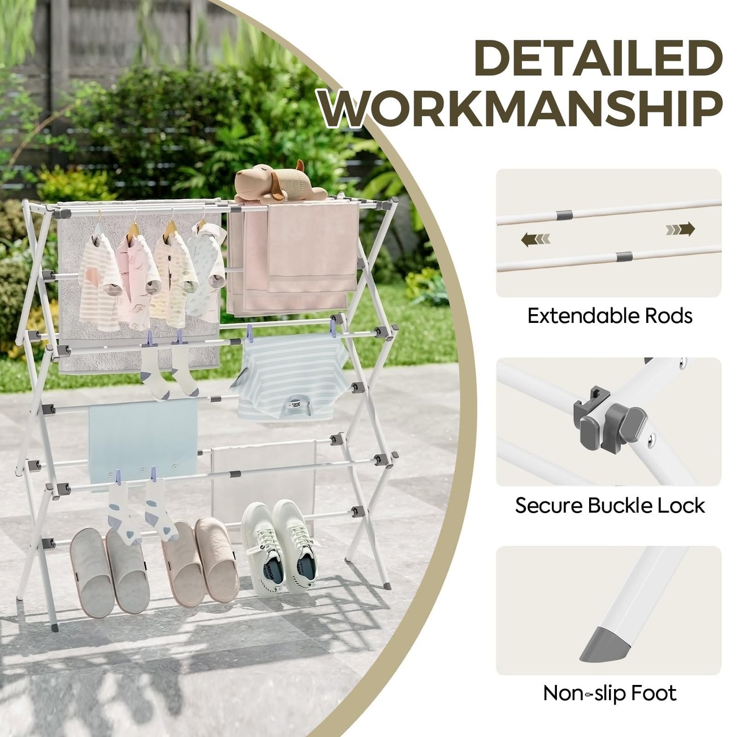APEXCHASER Clothes Drying Rack, Foldable & Extendable Laundry Rack with Adjustable Size (14.57in-35.43inW), Space-Saving, Rust-Resistant Frame & Floor Protection for Indoor/Outdoor Use, White
