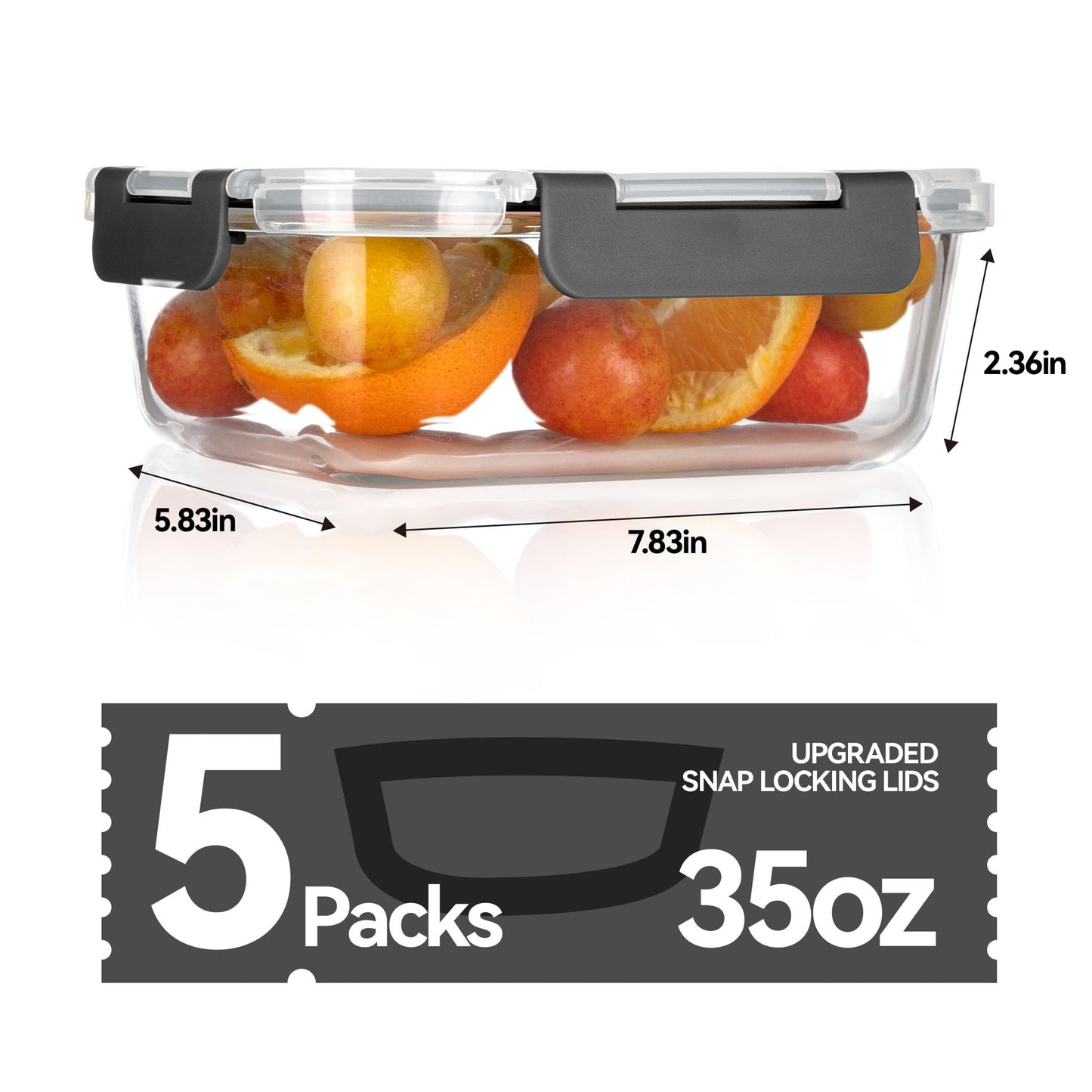 BAYZZ Glass Food Storage Containers, 5 Pack 35 Oz Glass Meal Prep Containers, Lunch Boxes with Airtight BPA-Free Lids, Microwave, Freezer and Dishwasher Safe