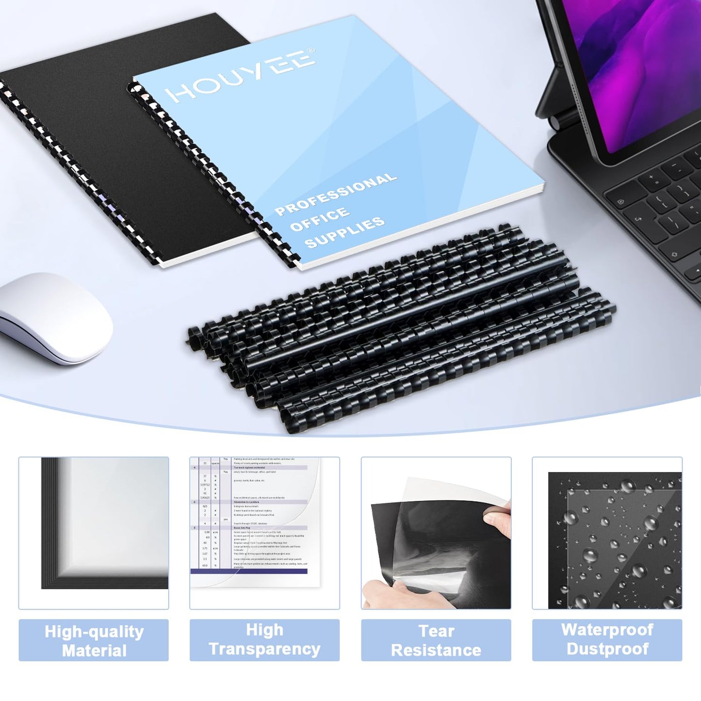 HOUYEE 180 Pack Binding Covers Set: 60 Pcs 3/8 Inch Black Binding Combs, 8.5x11 Inches, 60 Pcs 10 Mil Clear Binding Covers, 60 Pcs 12Mil Black Sand Texture, Letter Size