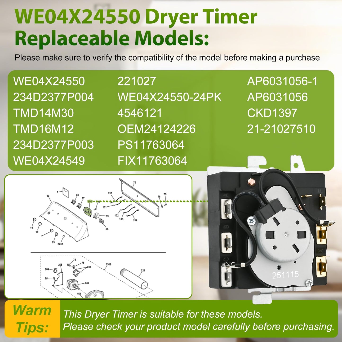 WE04X24550, 234D2377P004 Dryer Timer Compatible with GE/Hotpoint GTD42GASJWW, XTD72E8STWS, ETD48EASWWB Dryer etc. OEM Upgraded TMD14M30 Timer Replacement TMD16M12 234D2377P003 WE04X24549 221027 etc