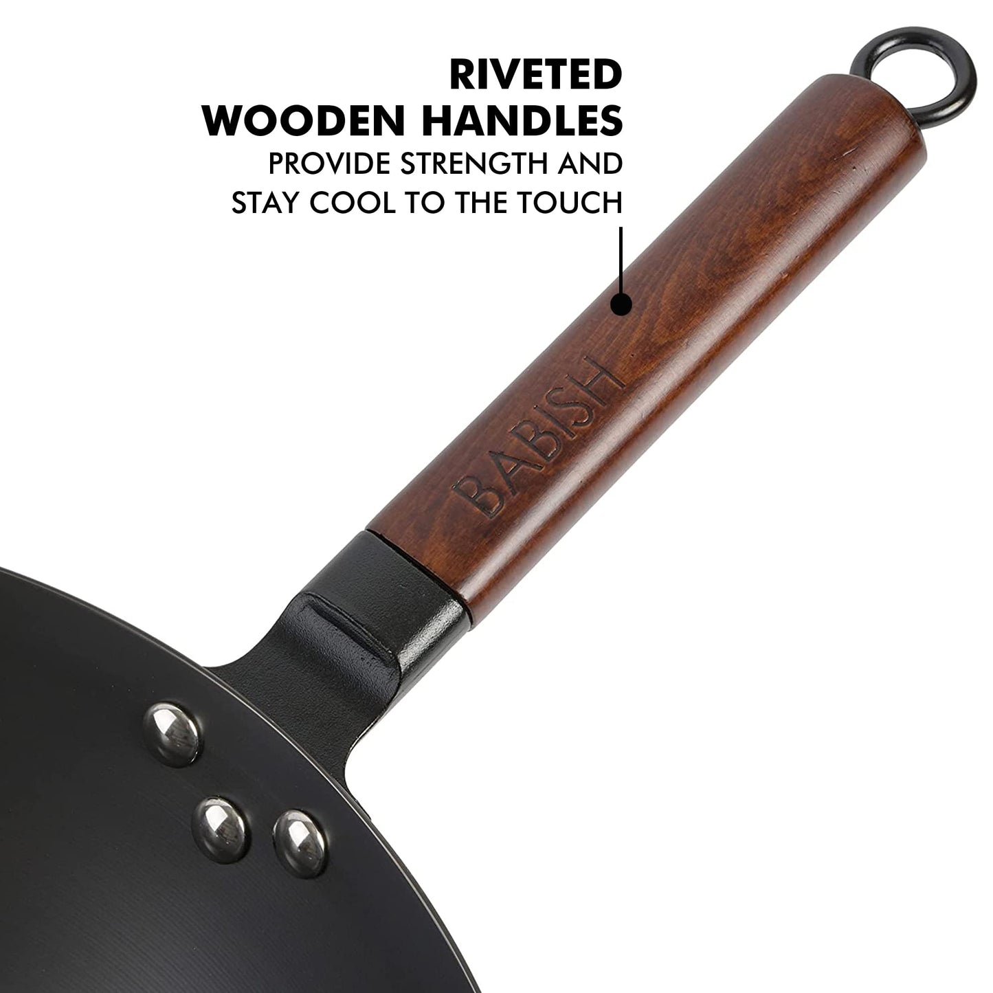 Babish Carbon Steel Wok 14 Inch Flat Bottom Stir Fry Pan Durable Heavy Duty Cookware for High Heat Cooking Stir Fry Sautéing Frying Compatible with Gas Electric and Induction Stovetops