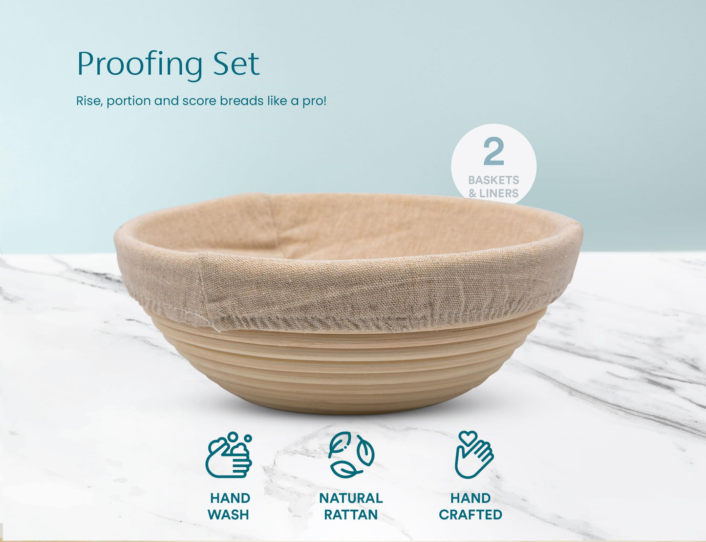 Kook Banneton Bread Proofing Set, Artisan Sourdough Bread Making Kit, 9 Inch Handwoven Rattan Baskets and Liners, Metal & Plastic Dough Scrapers, Scoring Lame & Case, 4 Extra Blades, Set of 2, Round