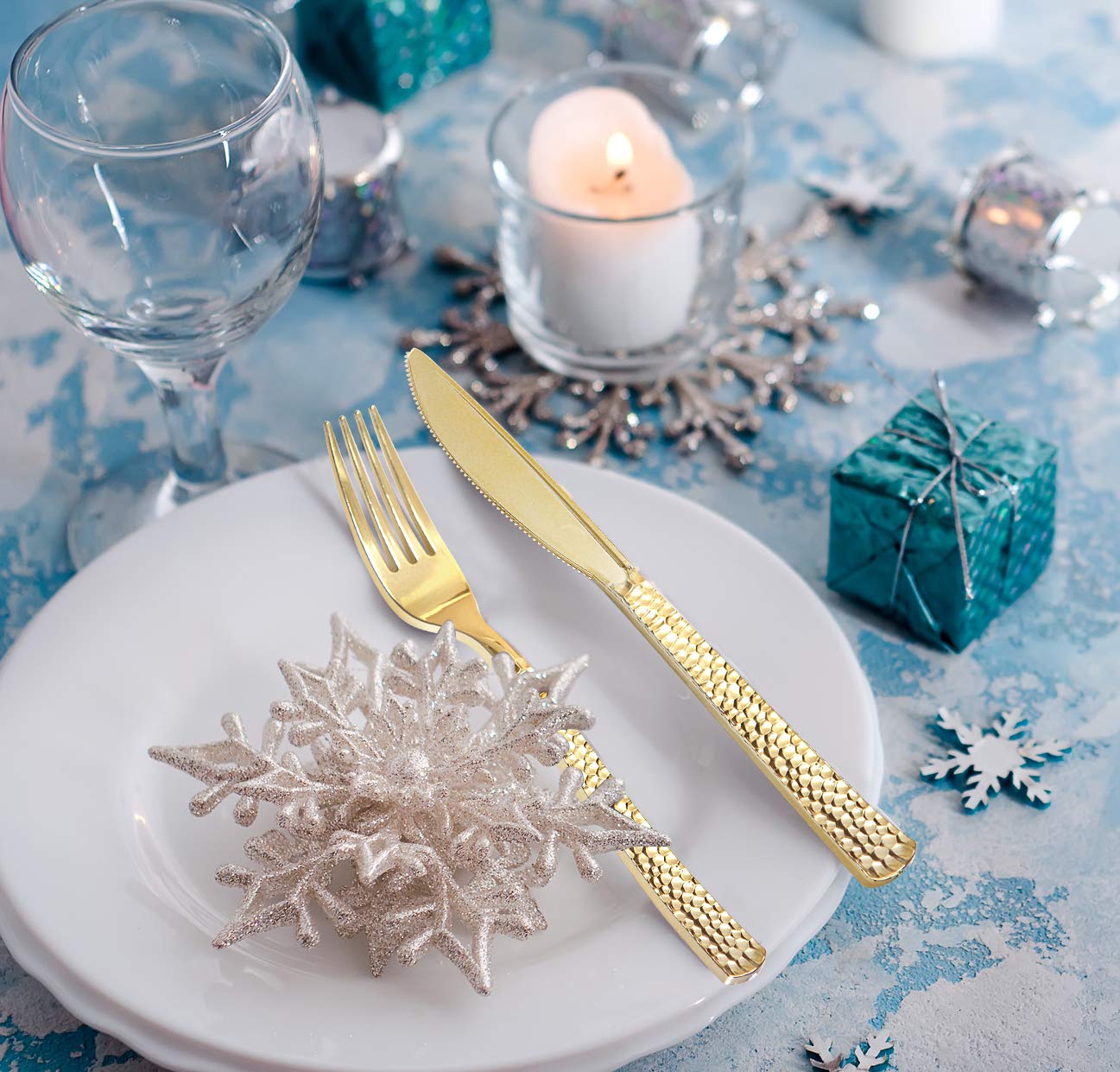 Supernal 360pcs Gold Plastic Silverware Set - Heavy Duty Disposable Cutlery (120 Forks, 120 Spoons, 120 Knives) - Elegant Hammered Finish, Premium Plastic Flatware for Weddings, Parties & Catering