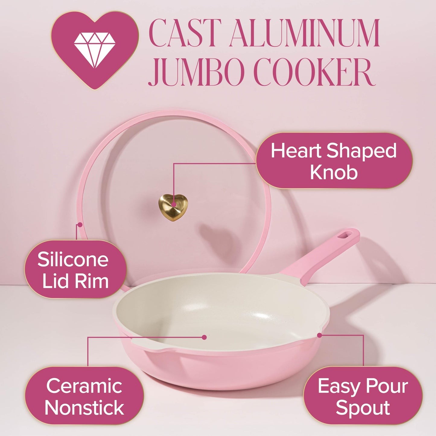 Paris Hilton Jumbo Sauté Pan with Lid, Cast Aluminum Cookware with Ceramic Nonstick Coating Made Without PFAS, PFOA, PFOS & PTFE, 4-Quart, Pink
