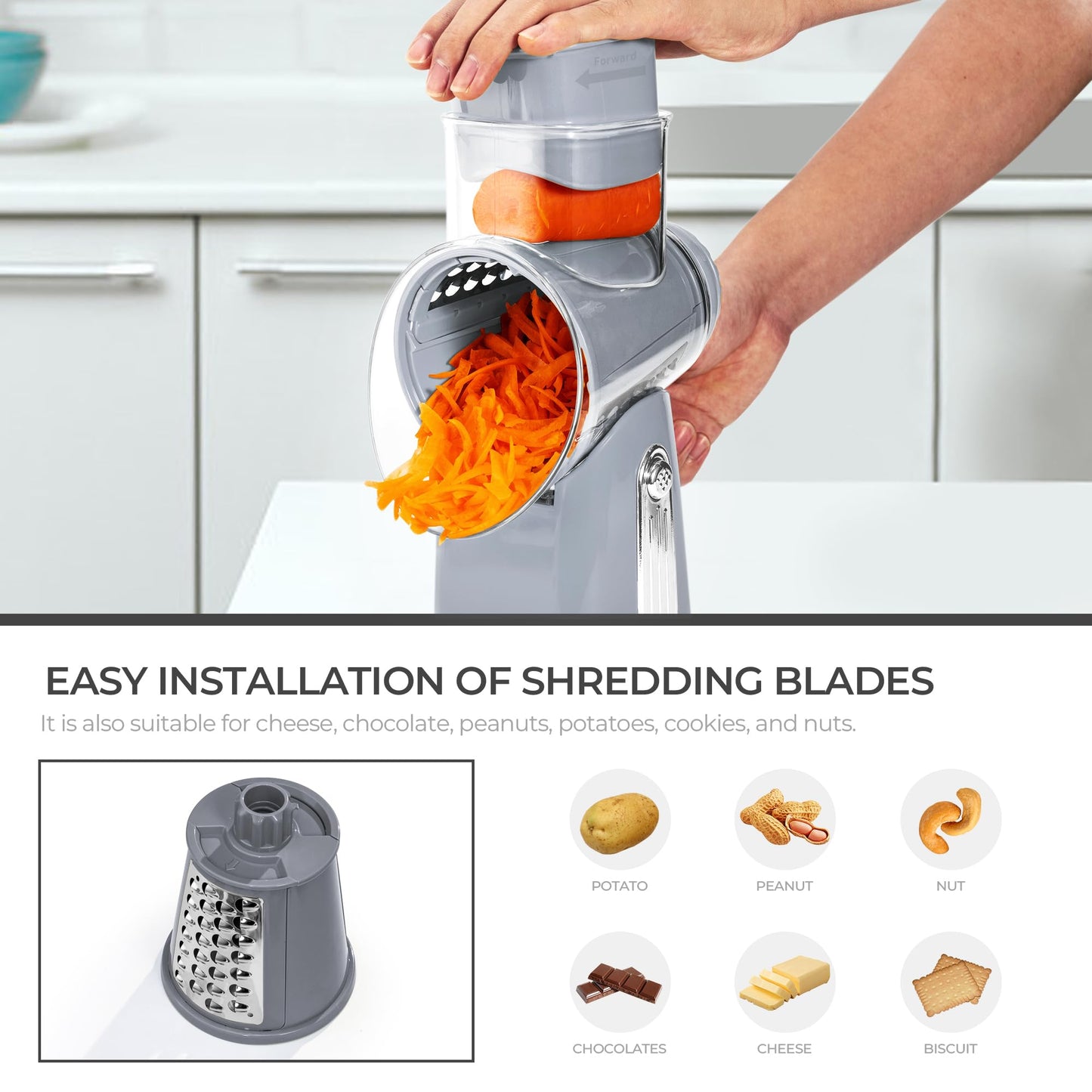 SUSTEAS Rotary Cheese Grater with Handle - Vegetable Shredder with 5 Well-designed Blades & Strong Suction Base,Round Mandoline Slicer & Food Chopper for Kitchen,with Blade Storage Box(Gray)