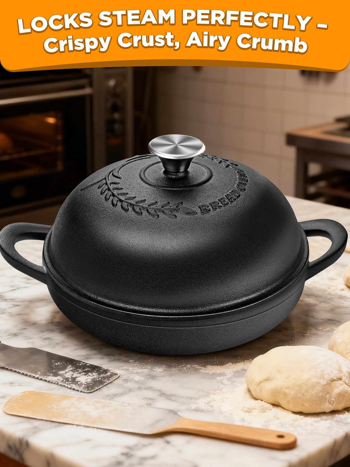 Dutch Oven Bread Baking Pot with Lid 6QT Enameled Cast Iron Oven, Matte Black Design & Sourdough Kit (Silicone Sling) for Artisan Bread Making