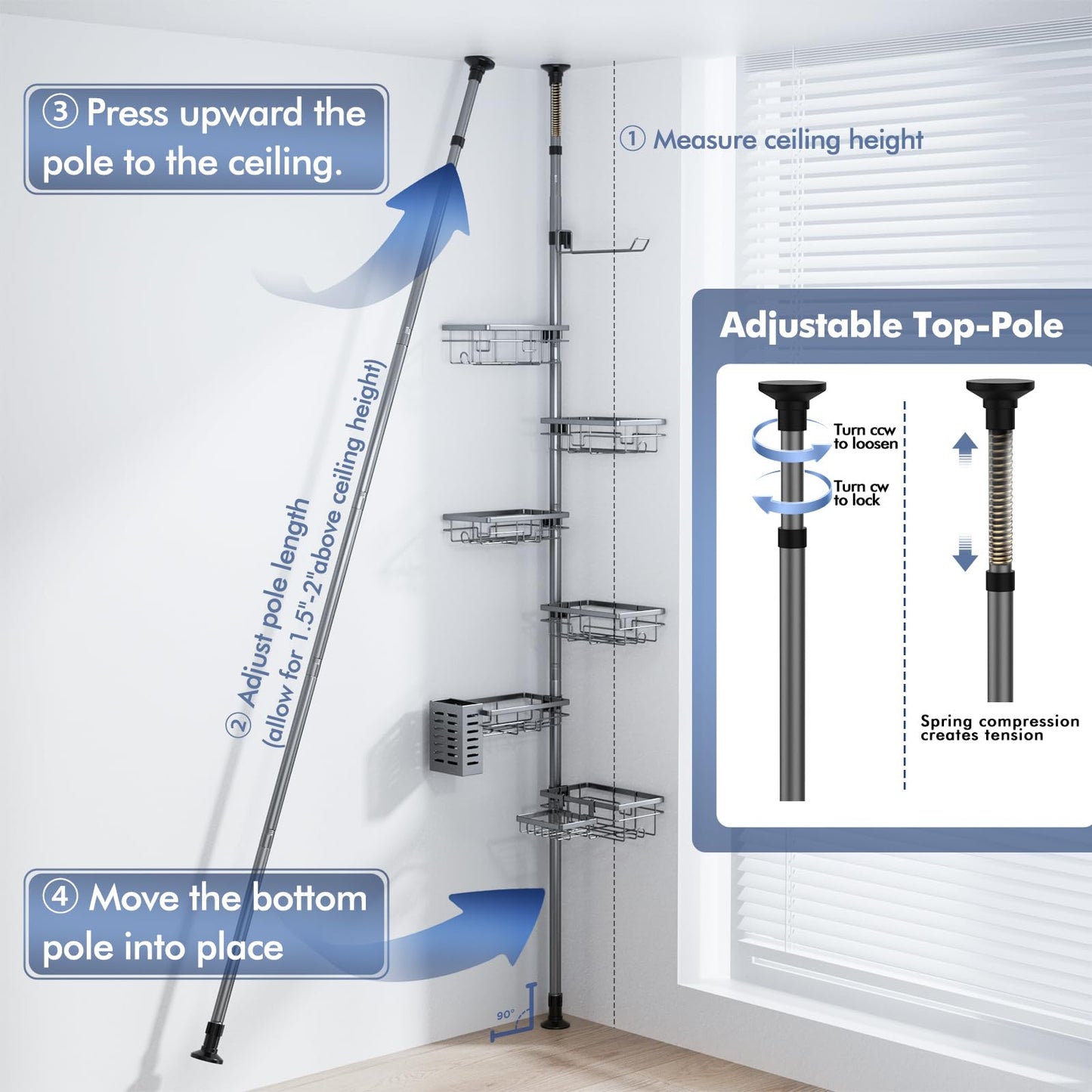 Vatex Corner Shower Caddy Tension Pole,30-120 Inch Adjustable Shower Organizer, 6-Tier Shower Shelves with Towel Rack/Toothbrush Holder/Soap Dish, Bathroom Corner Storage Rust-Resistant