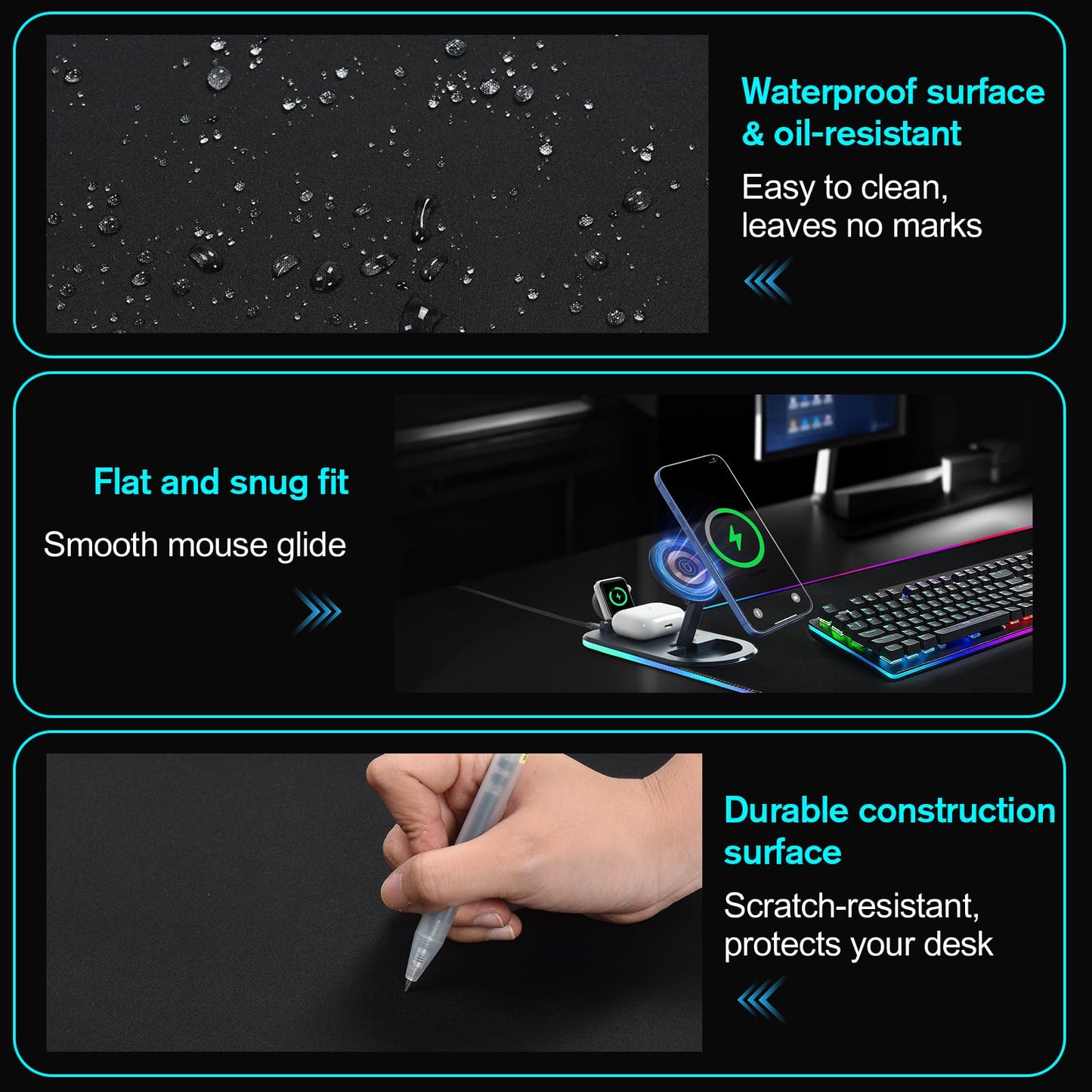ELUTENG 4-in-1 RGB Gaming Mouse Pad with Phone Holder, Wireless Charging Desk Mat, Waterproof Ultra-Smooth Large Keyboard Pad, Non-Slip Base Home Office Desk Mat 35.43"x15.75"