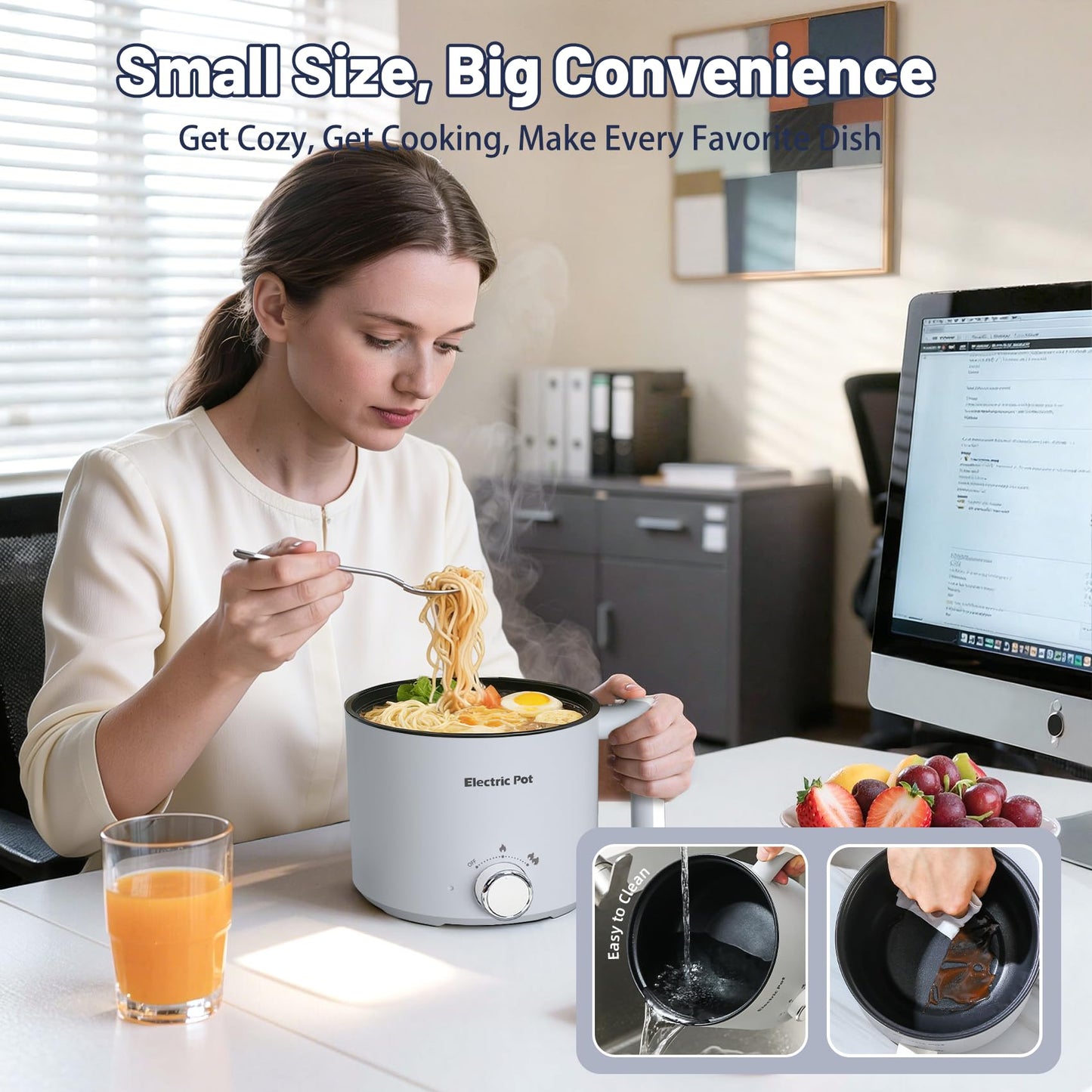 KERZION Electric Hot Pot :1.5L Mini Ramen Cooker with Overheat & Boil-Dry Protection, Suitable for Noodles, Soup, Oatmeal, College Dorm Office Travel Essentials (Grey, 1.5L)
