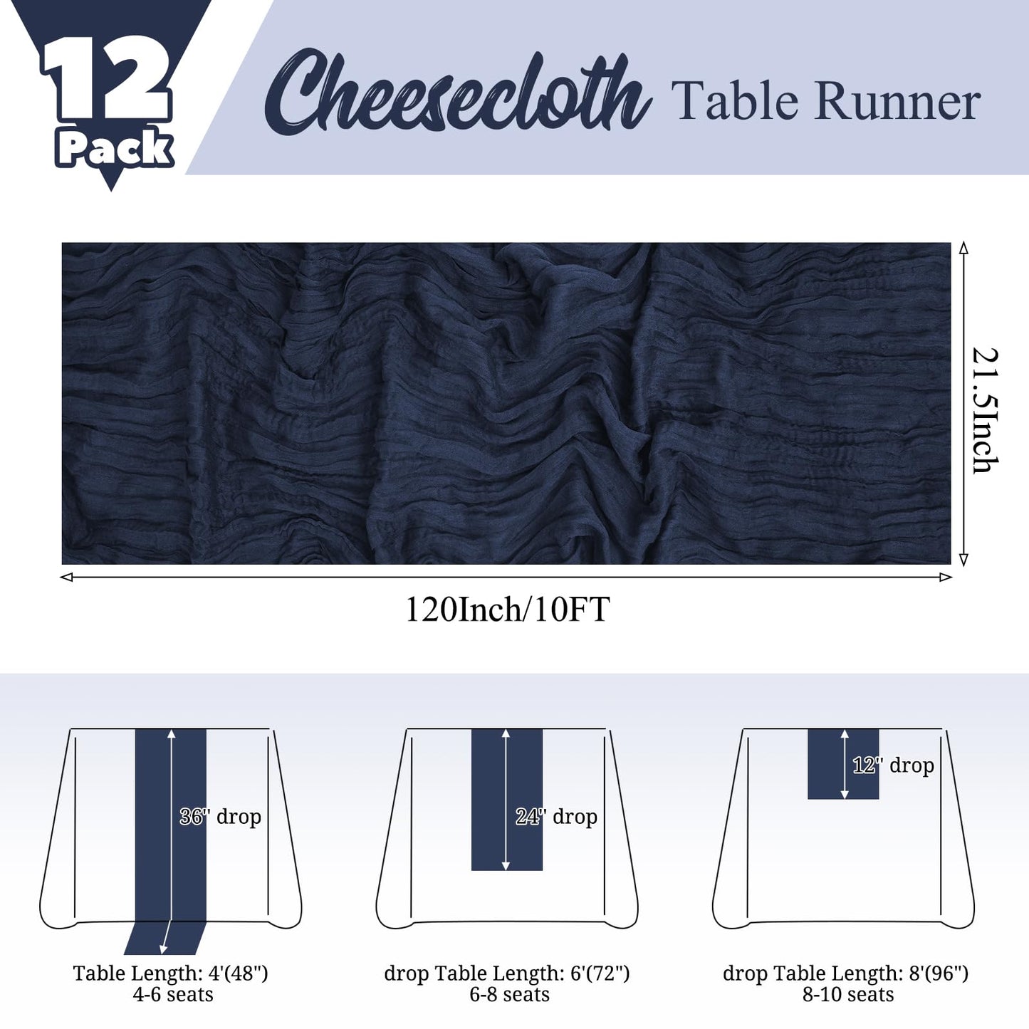12 Pack Navy Blue Table Runners 10Ft Cheesecloth Table Runner Rustic Gauze Table Runner Romantic Long Sheer Fabric Cheese Cloth Table Runner for Wedding Party Bridal Baby Shower