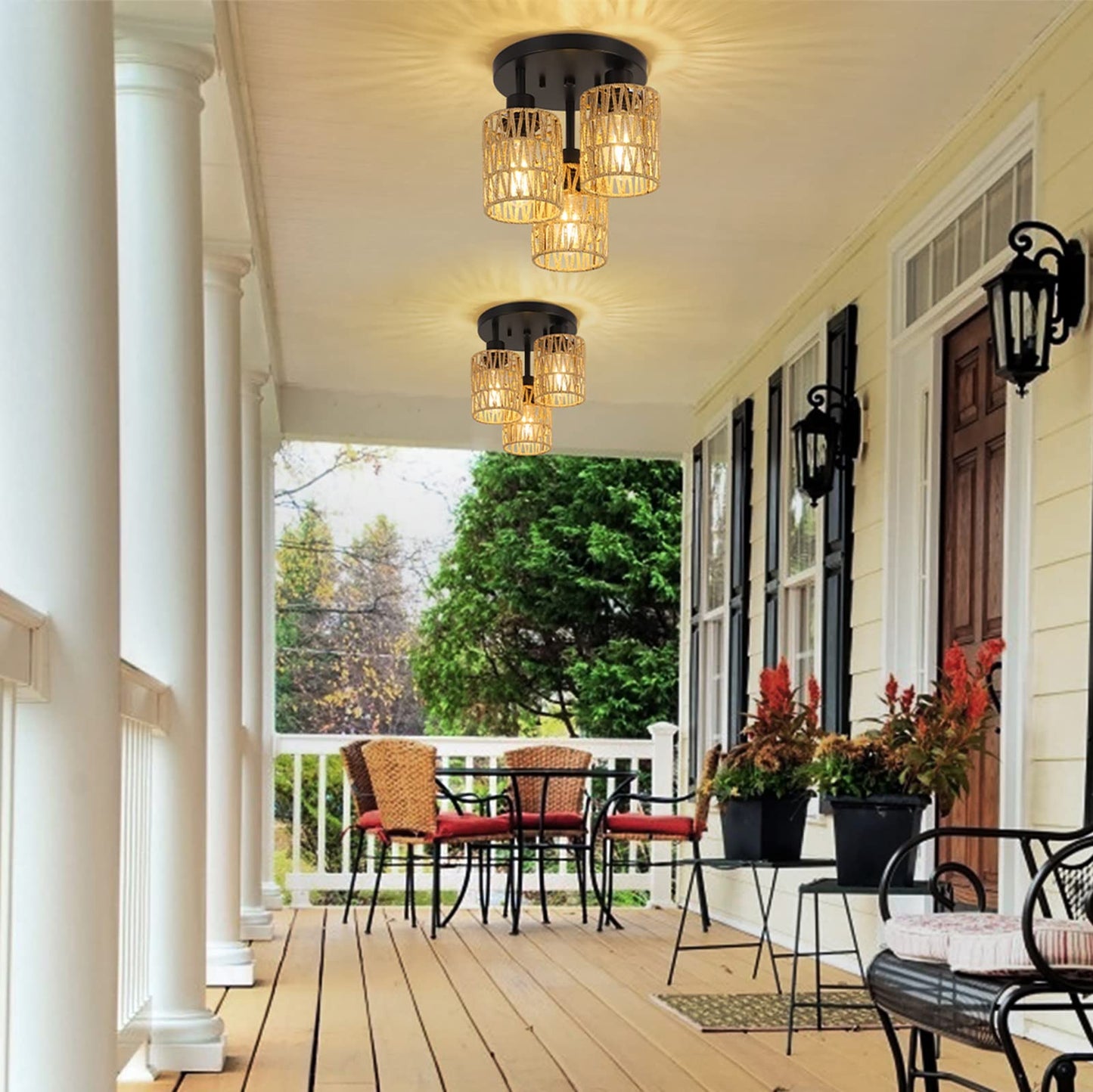 3-Lights Boho Light Fixtures Ceiling Mount, Farmhouse Rattan Chandelier, Hand Woven Cage Shade Semi Flush Mount Ceiling Lights for Bedroom Foyer Entryway Kitchen, Hallway Rattan Light Fixtures Ceiling