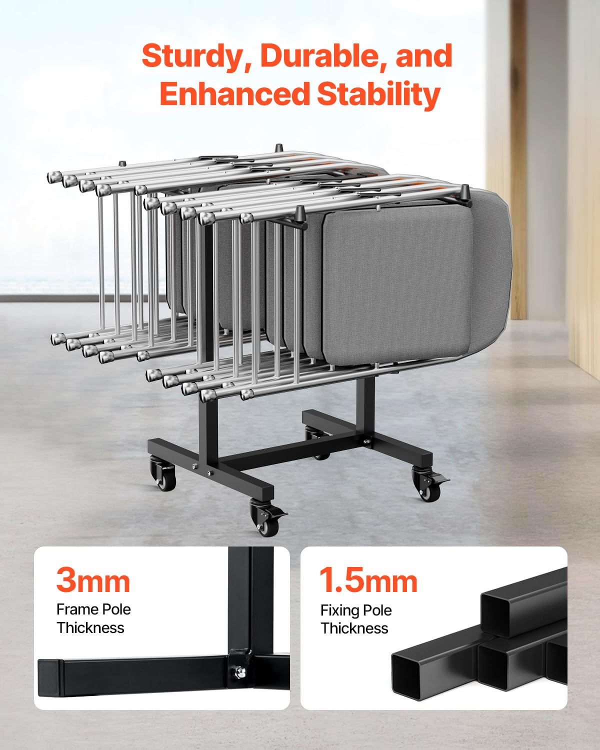 VEVOR Folding Chair Rack, 200 LBS Capacity, T-Shape Chair Cart for 14 Chairs, Heavy-Duty Metal Chair Storage Dolly with Rubber Wheels, Multi-Function Chair Holder for Party Event,Hotel, Matte Black