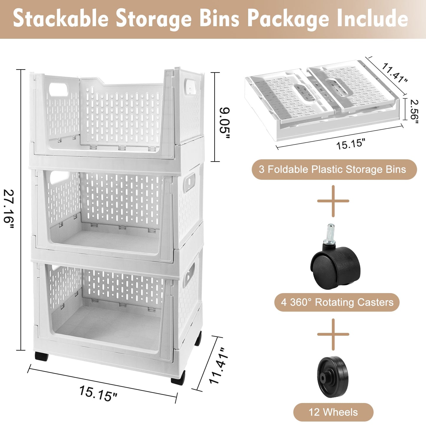 Stackable Plastic Storage Basket, 3 Pack Foldable Closet Organizers and Storage Bins with Wheels, Collapsible Drawer Shelf Storage Box Container for Office Bedroom Closet Wardrobe Kitchen Bathroom