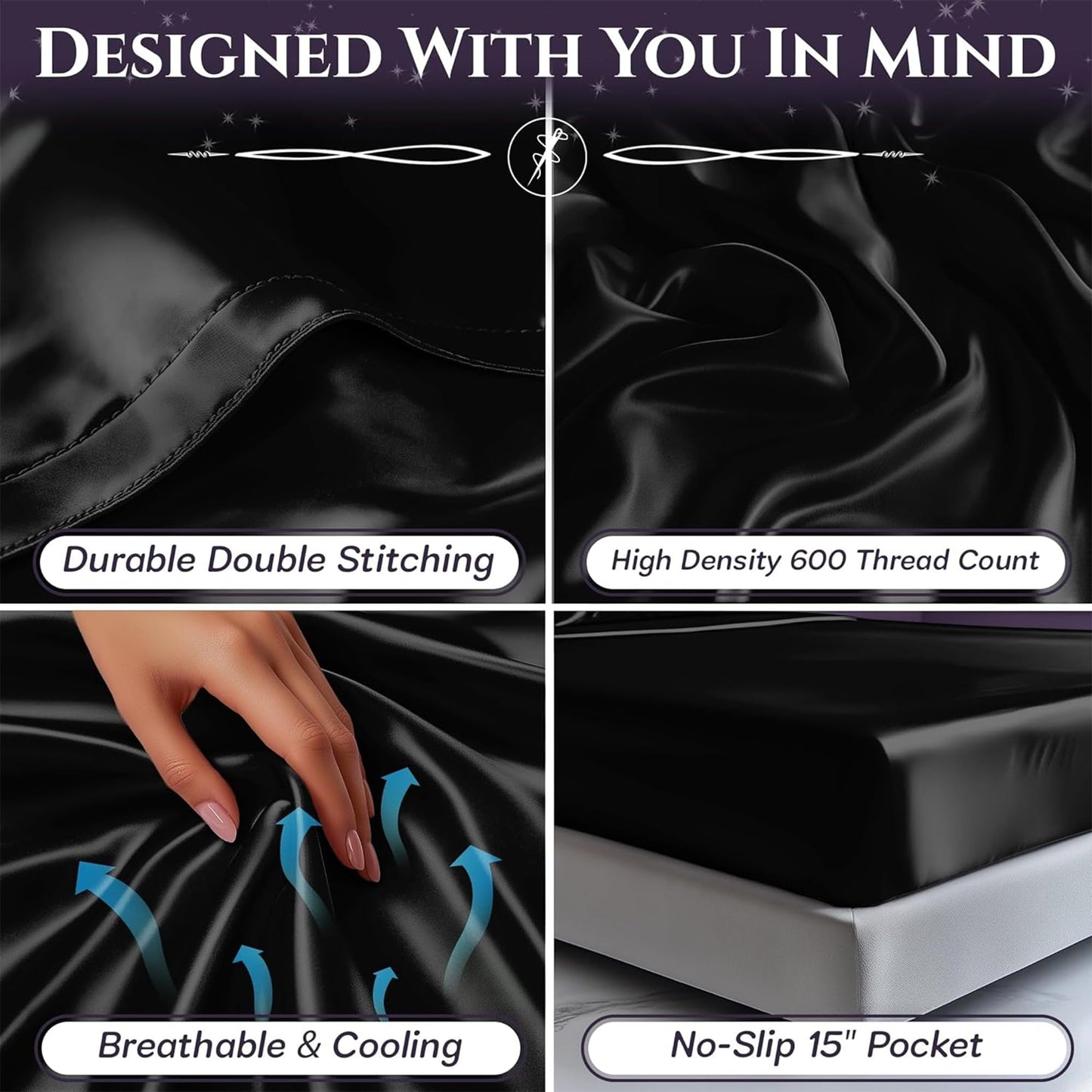 SLEEP SANCTUARY Satin Sheets Queen Size – 4 Piece Luxury Silky Bed Set, Softer Than Silk, 15" Deep Pocket, Cooling & Wrinkle-Free, Moisture-Wicking & Breathable for Hair & Skin (Black)