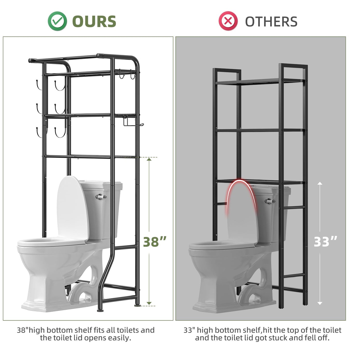 Simple Trending Over The Toilet Storage Cabinet, Metal Bathroom Shelf Organizer with Paper Holder and Hooks, 3 Tier, Black