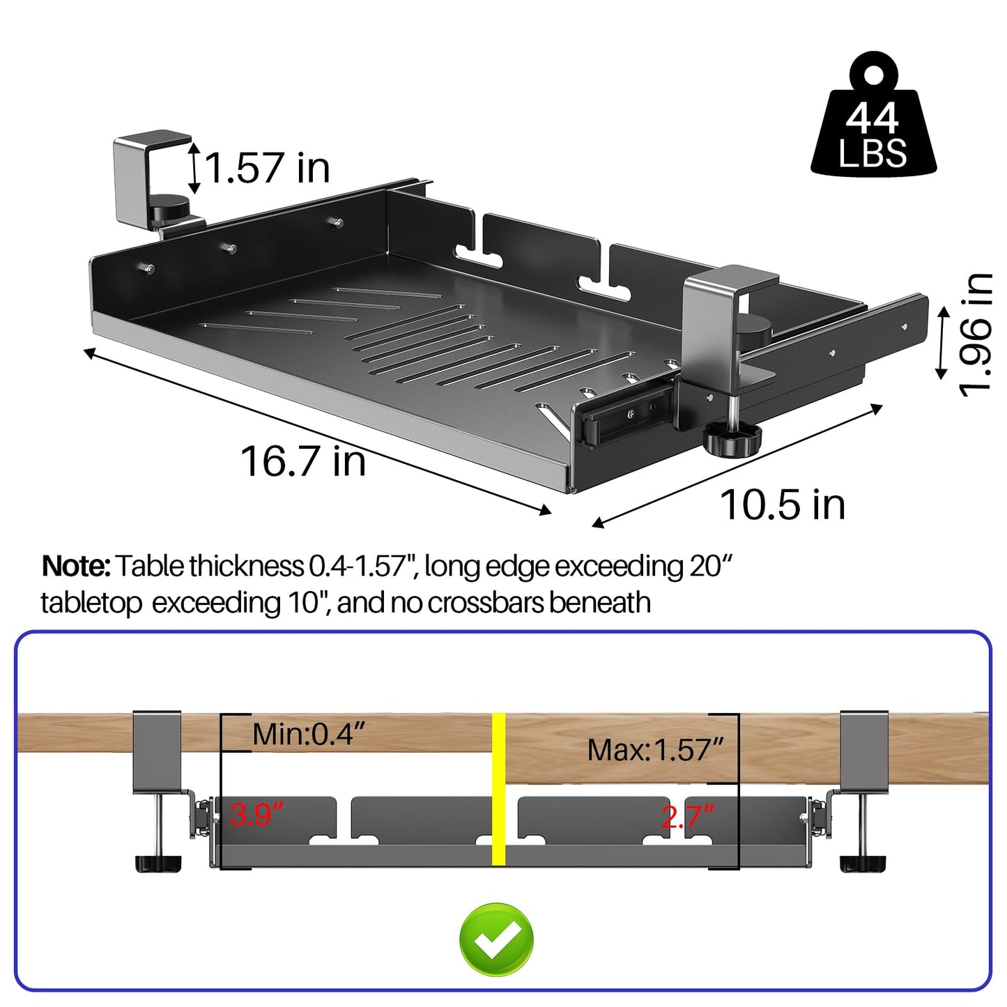 Sliding No Drill Under Desk Laptop Mount, Metal Under Desk Storage Shelf with Cable Management, Slide Out Laptop Storage Tray for MacBook, Mac Mini, Fits Office Workstations(Black with slid rail)