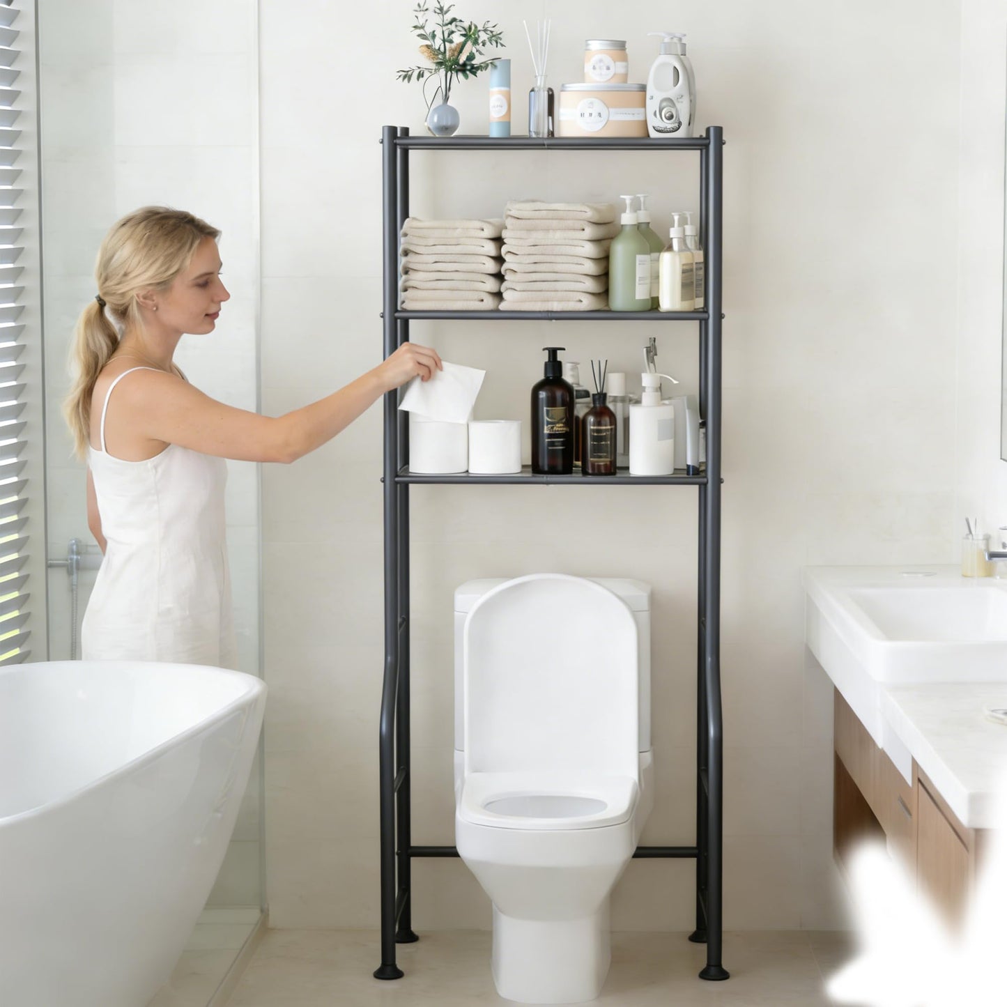 Livilord 3-Tier Over The Toilet Storage Rack, Space Saver Metal Bathroom Shelves, Freestanding Over Toilet Bathroom Organizer for Bathroom/Living Room, Black