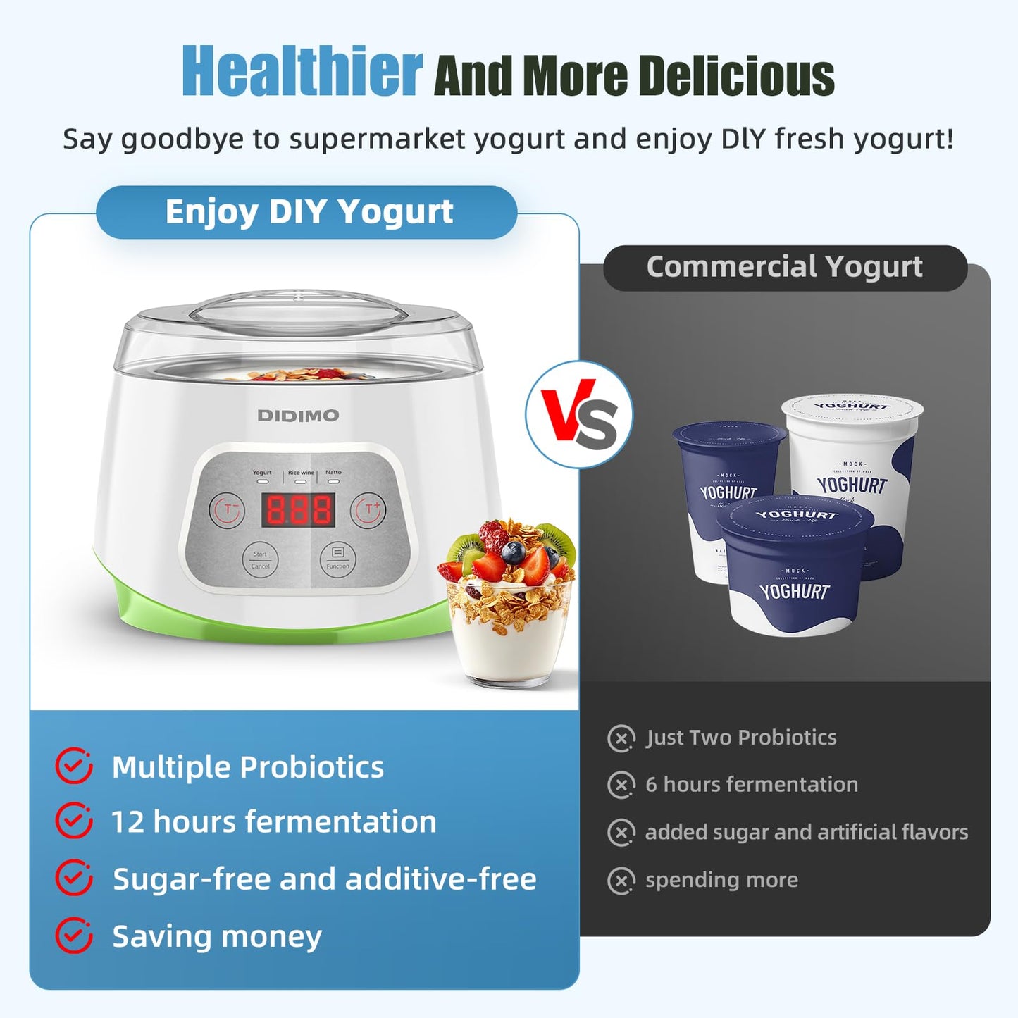 Yogurt Maker, Greek Yogurt Maker with Timer Control and Strainer, Yogurt Maker Machine with Stainless Steel Liner, Electric Portable Yogurt Maker for Yogurt, Greek Yogurt, Cheese, Natto (White)