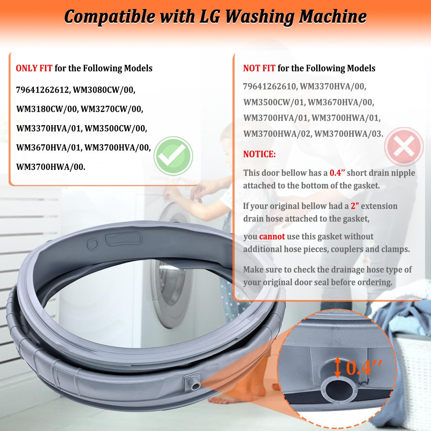 Upgraded MDS47123619 Washer Door Boot Seal for LG WM3080CW/00 WM3180CW/00 WM3270CW/00 WM3500CW/00 WM3670HVA/01 WM3700HVA/00 WM3700HWA/00 Washing Machine Door Gasket Replaces AGF75223080, PS12081606