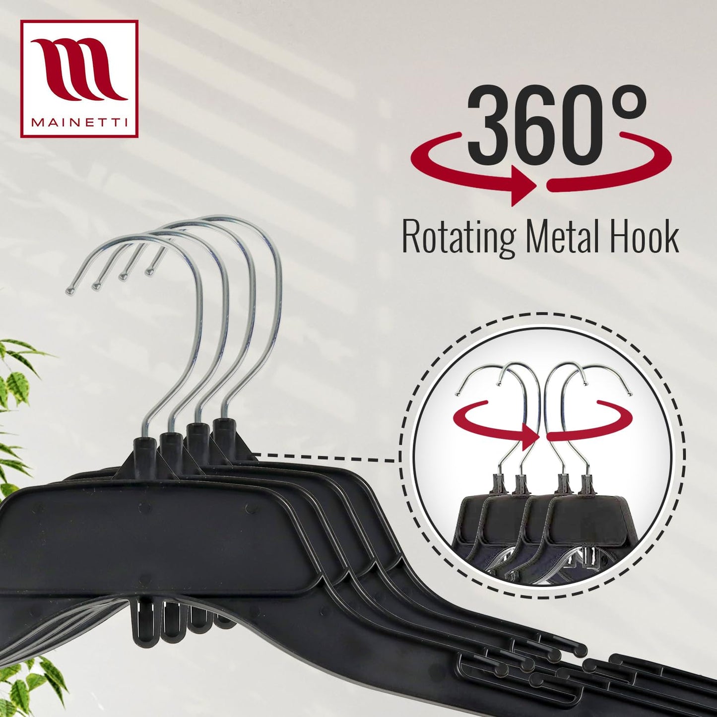 Mainetti 484 Recycled Black Plastic Hangers - 100 Pack with Rotating Metal Hook and Notches for Straps, Great for Shirts/Tops/Dresses, 17-Inch