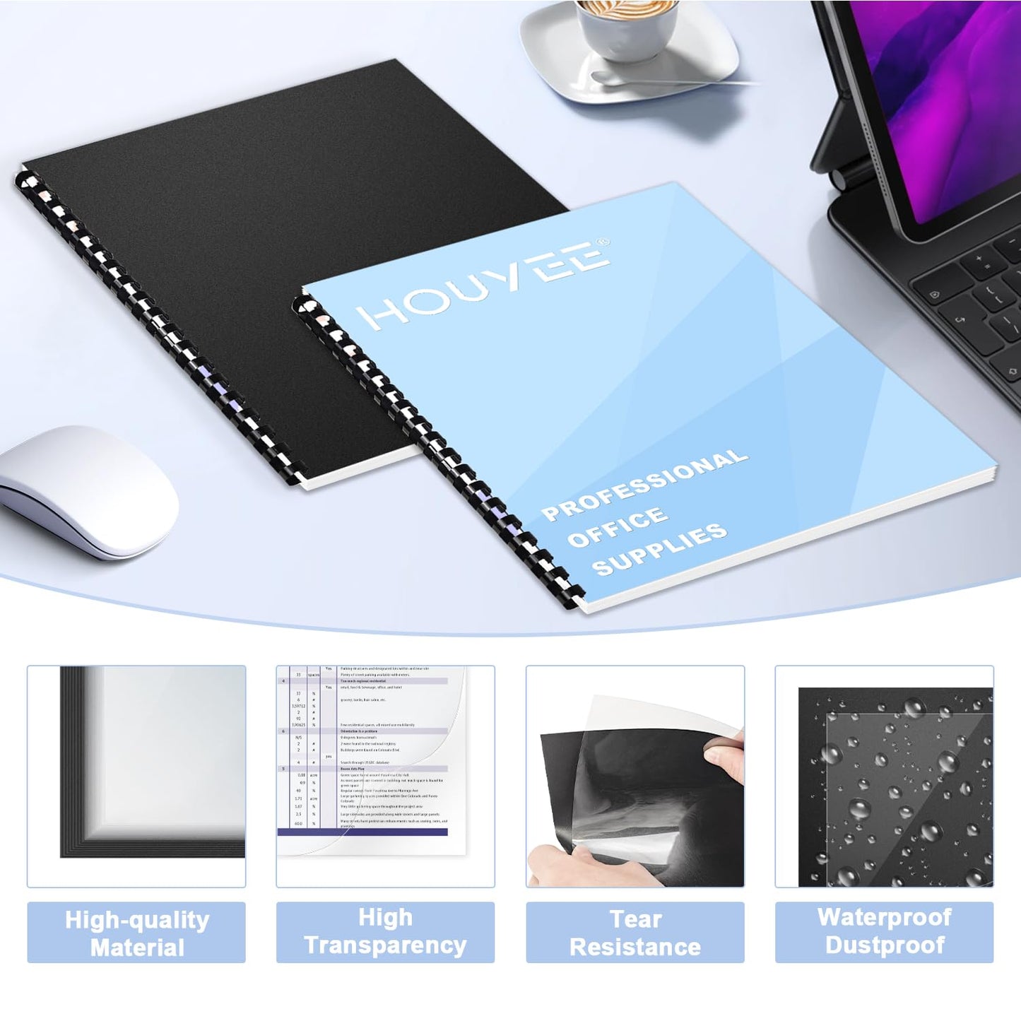 HOUYEE 100 Pack Binding Covers Set, 8.5x11 Inches, Including 50 Pcs 8 Mil Clear Binding Covers, 50 Pcs 12 Mil Black Sand Plastic
